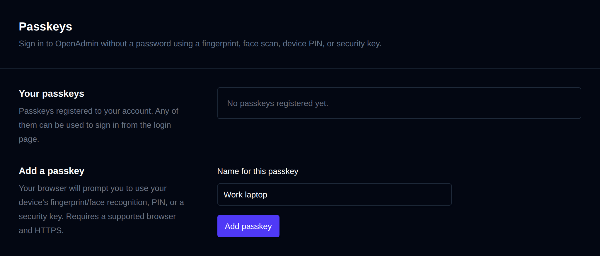 Passkeys page with the registered passkeys and the Add a passkey form