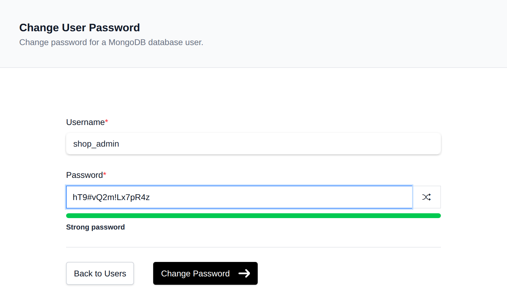 Change MongoDB user password form with the new password field