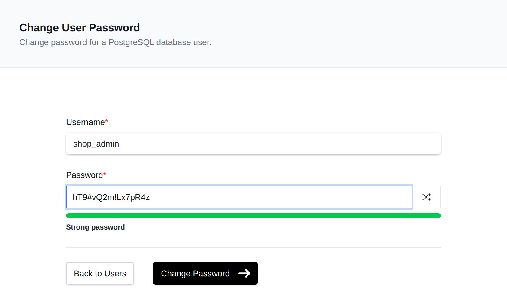 Change User Password form with the username prefilled and a new password field