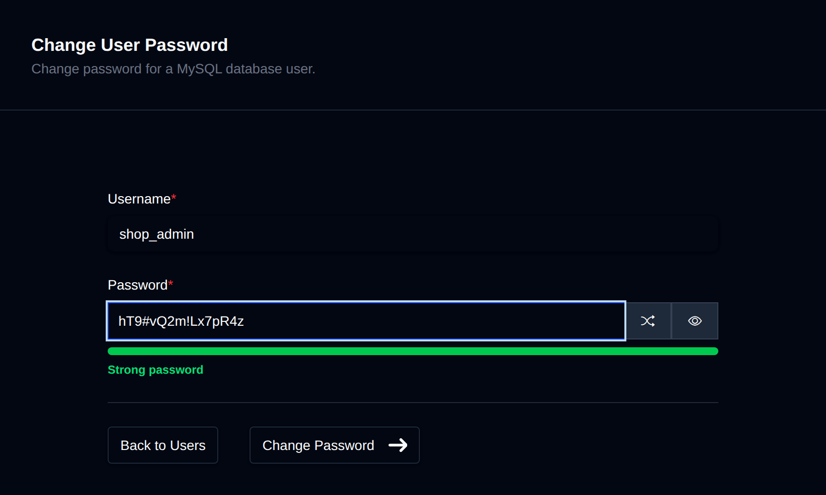 Change User Password form with the username prefilled and a new password field