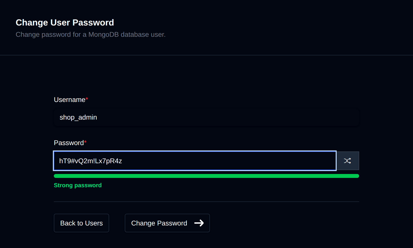 Change MongoDB user password form with the new password field