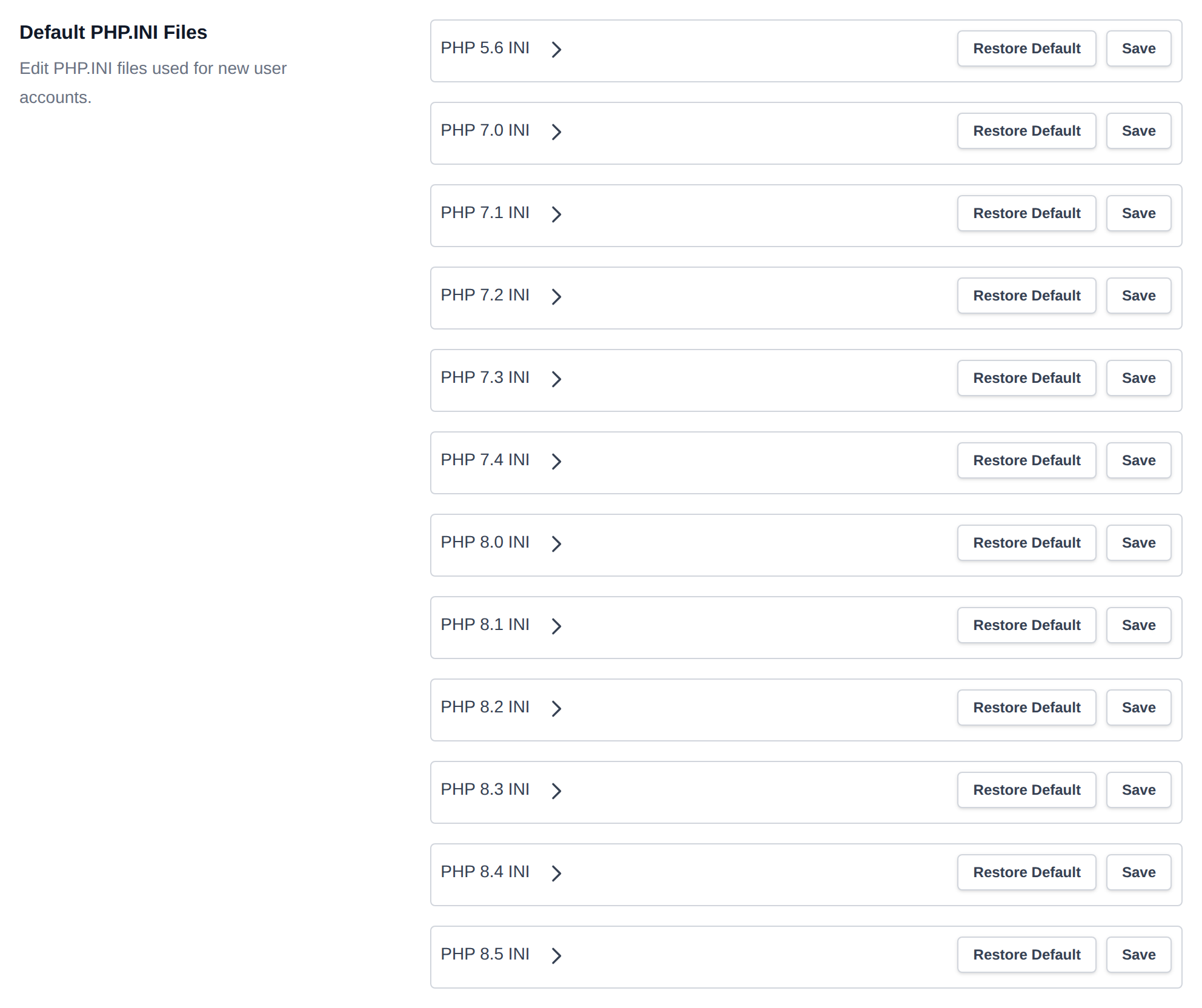 Default PHP.INI Files section with a php.ini per PHP version and Restore Default and Save buttons