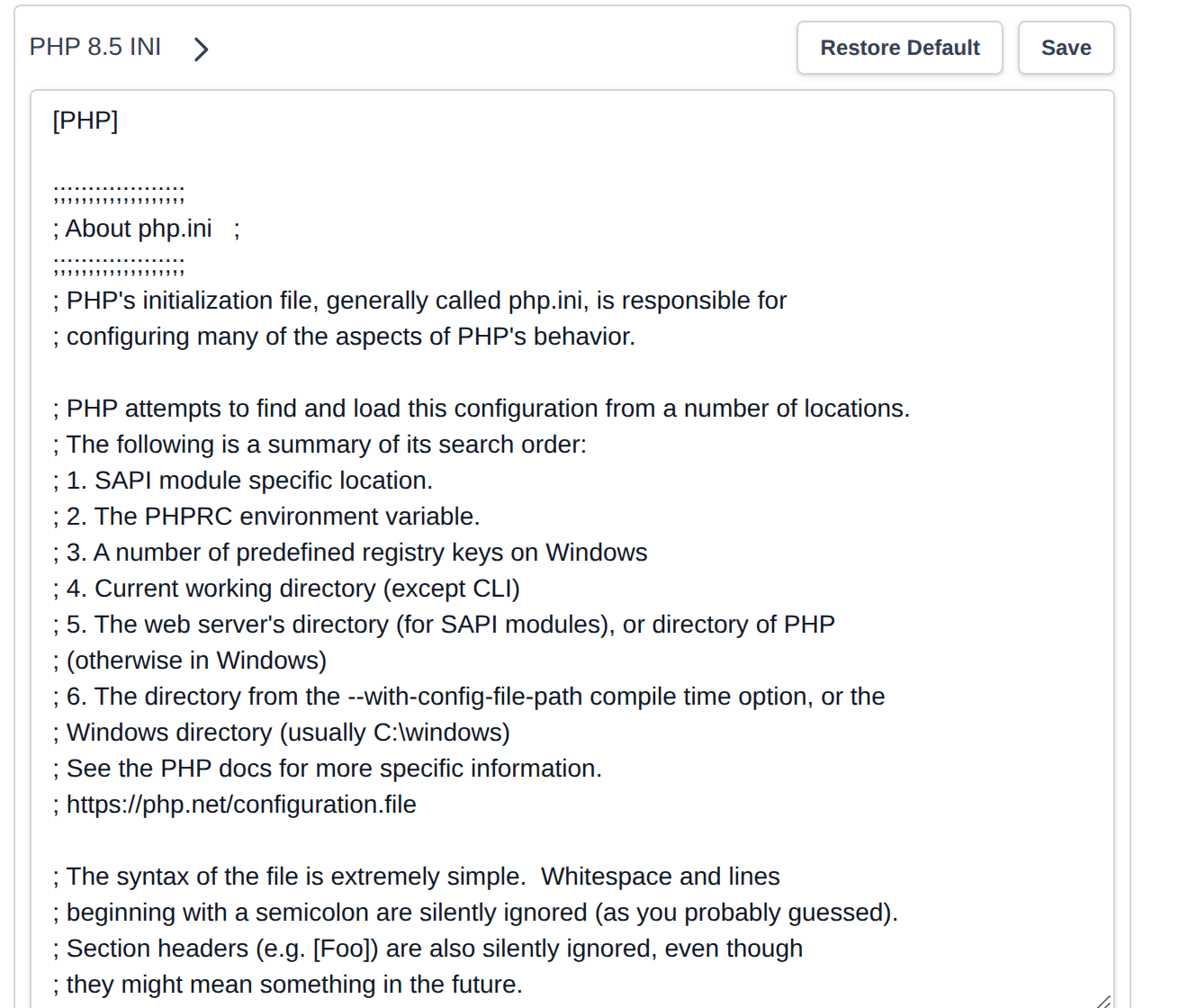 Default PHP.INI Files section with the PHP 8.5 INI file expanded in an editable text area
