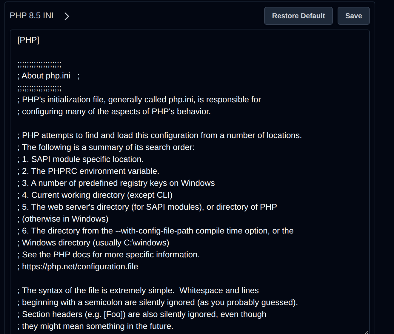 Default PHP.INI Files section with the PHP 8.5 INI file expanded in an editable text area