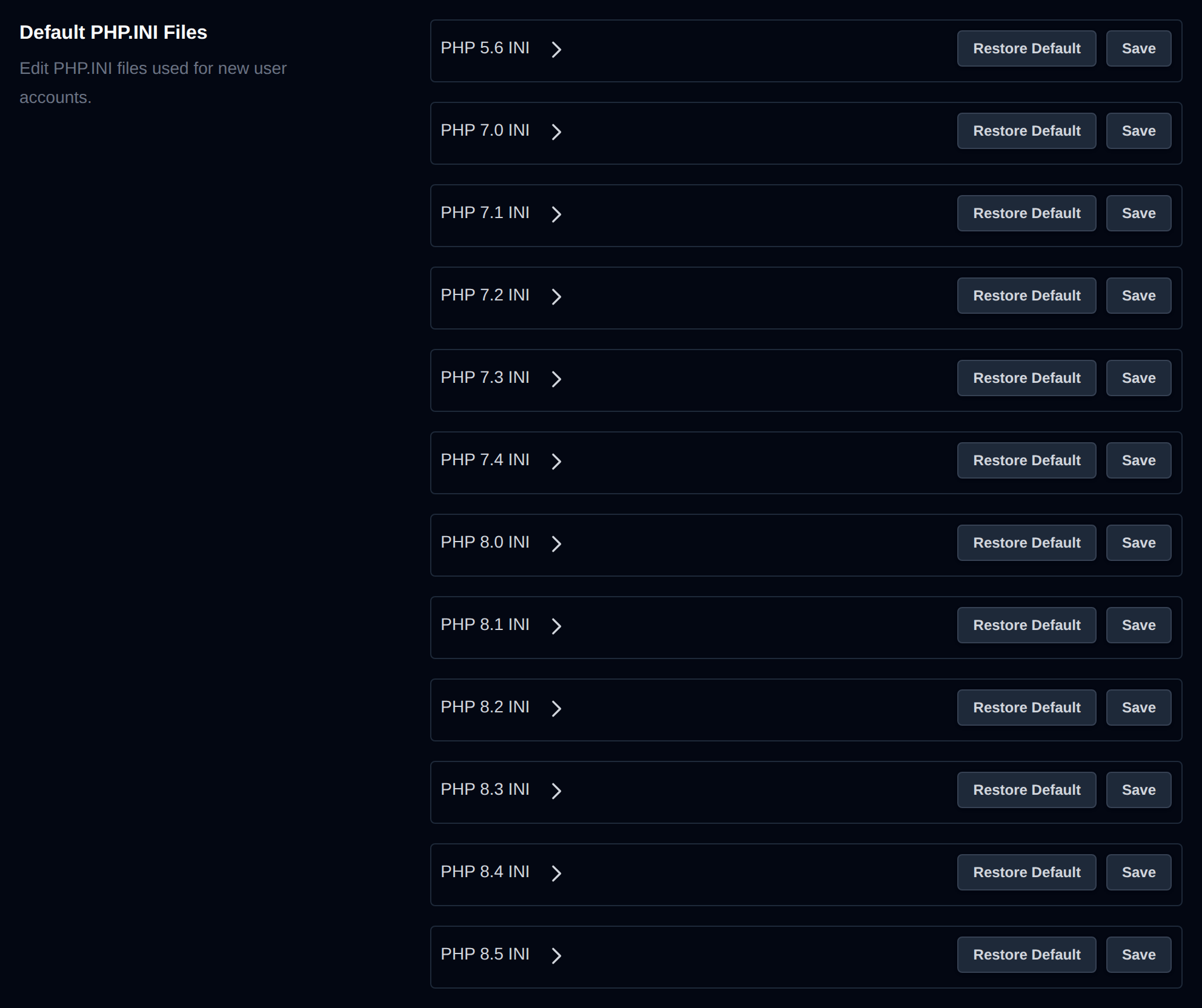Default PHP.INI Files section with a php.ini per PHP version and Restore Default and Save buttons