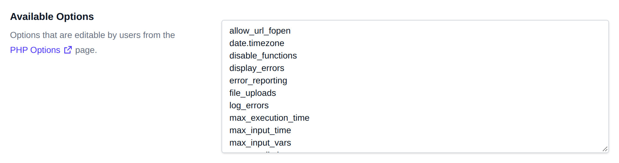 Available Options section with the PHP options users can edit