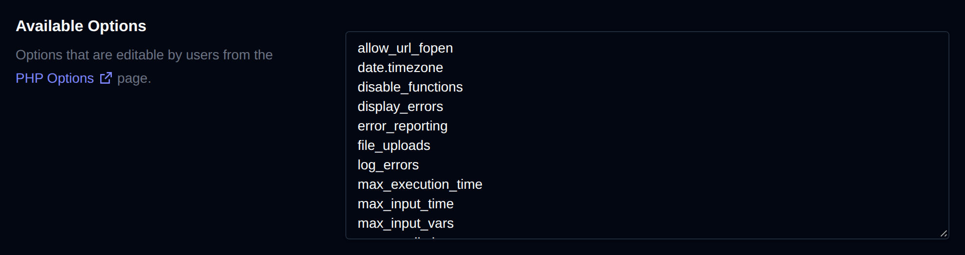 Available Options section with the PHP options users can edit