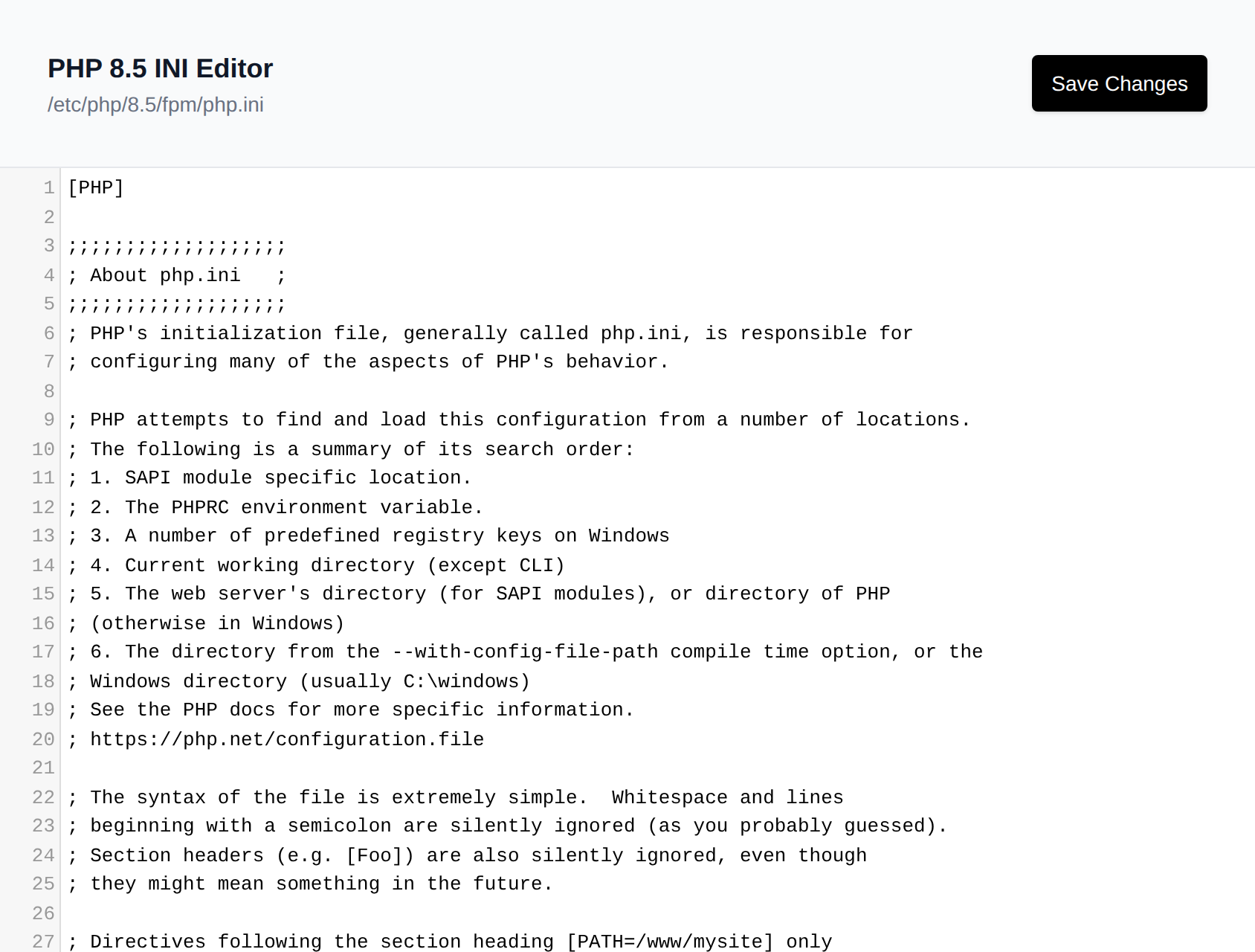 PHP 8.5 INI Editor showing the php.ini file with the Save Changes button