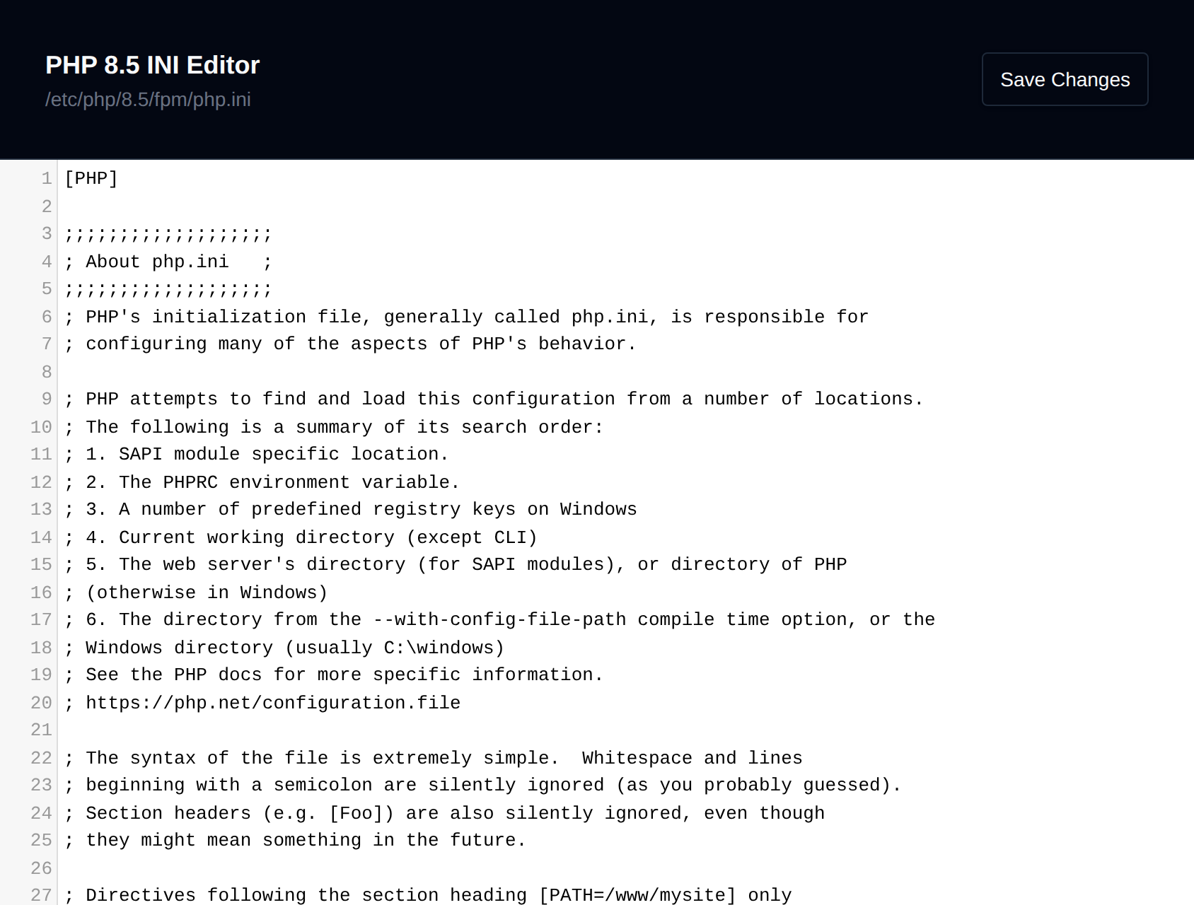 PHP 8.5 INI Editor showing the php.ini file with the Save Changes button