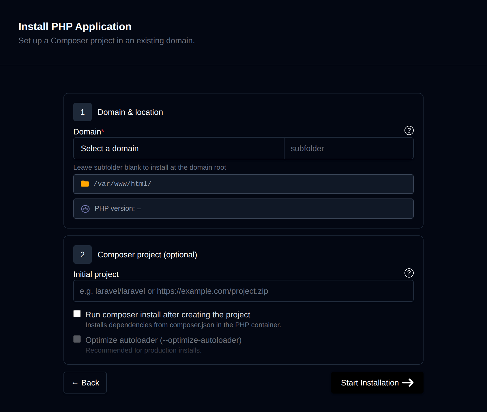 Install PHP Application form with the domain and folder, and an optional Composer project to create