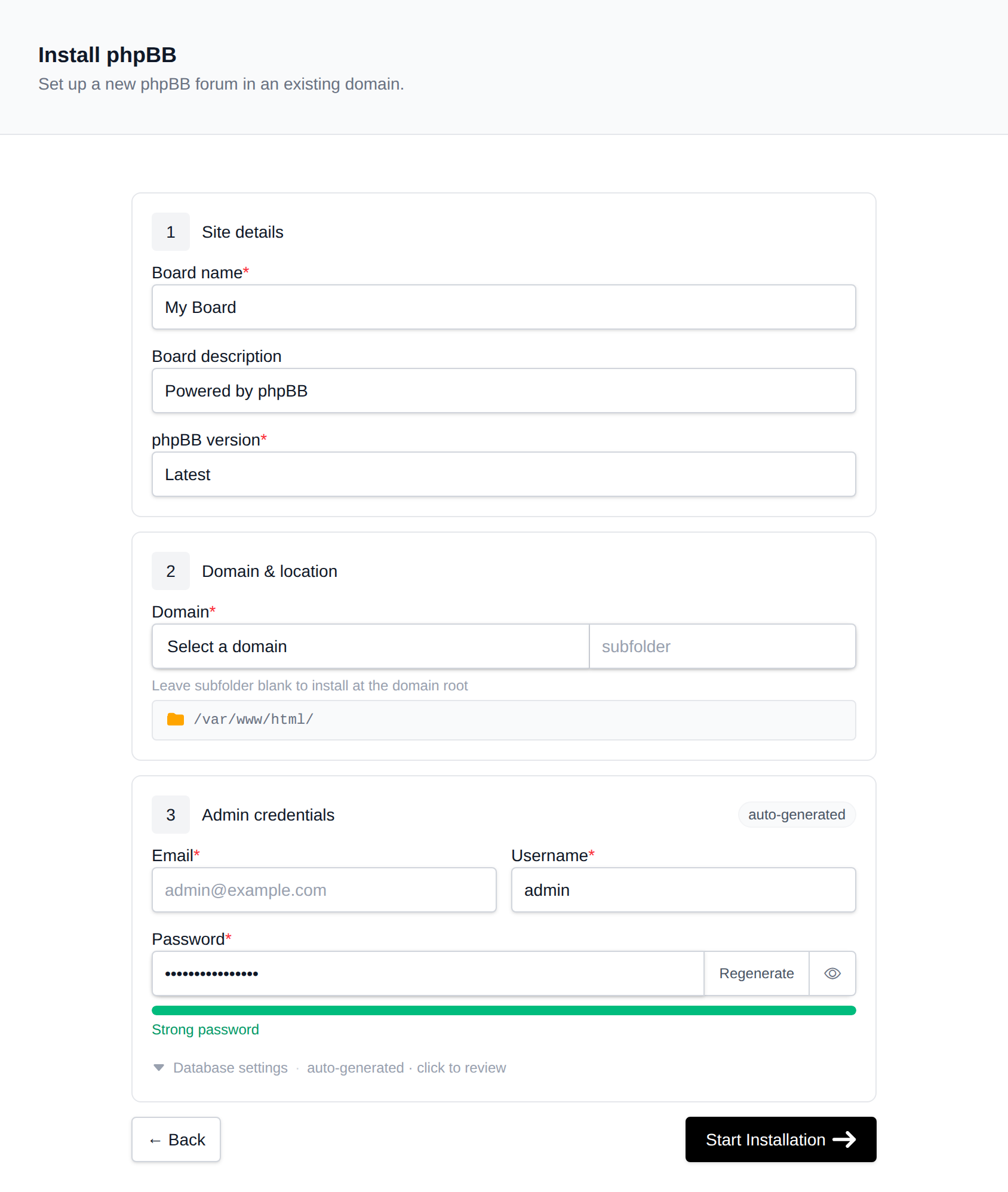 Install phpBB form with the site details, domain and location, and admin credentials