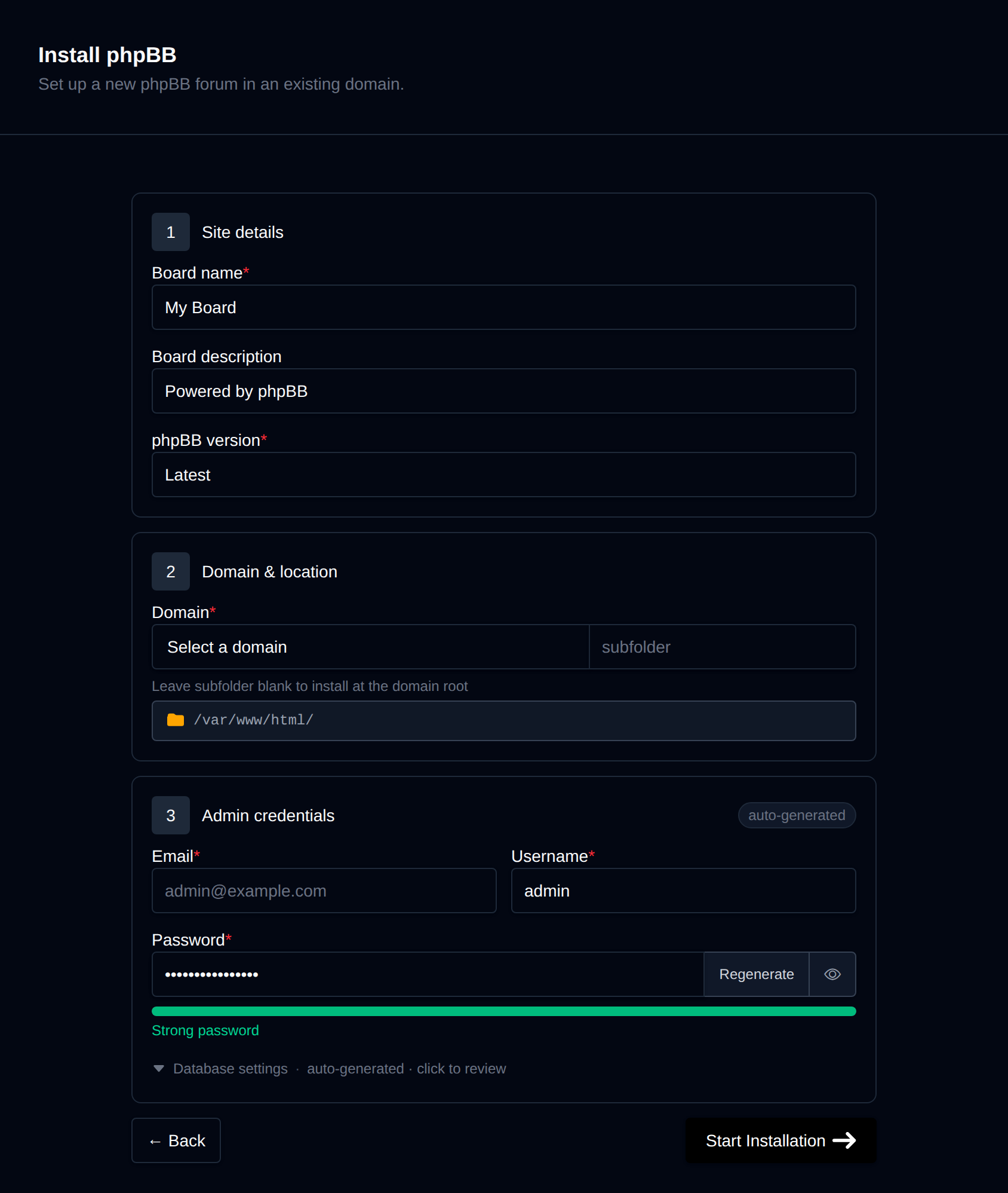 Install phpBB form with the site details, domain and location, and admin credentials
