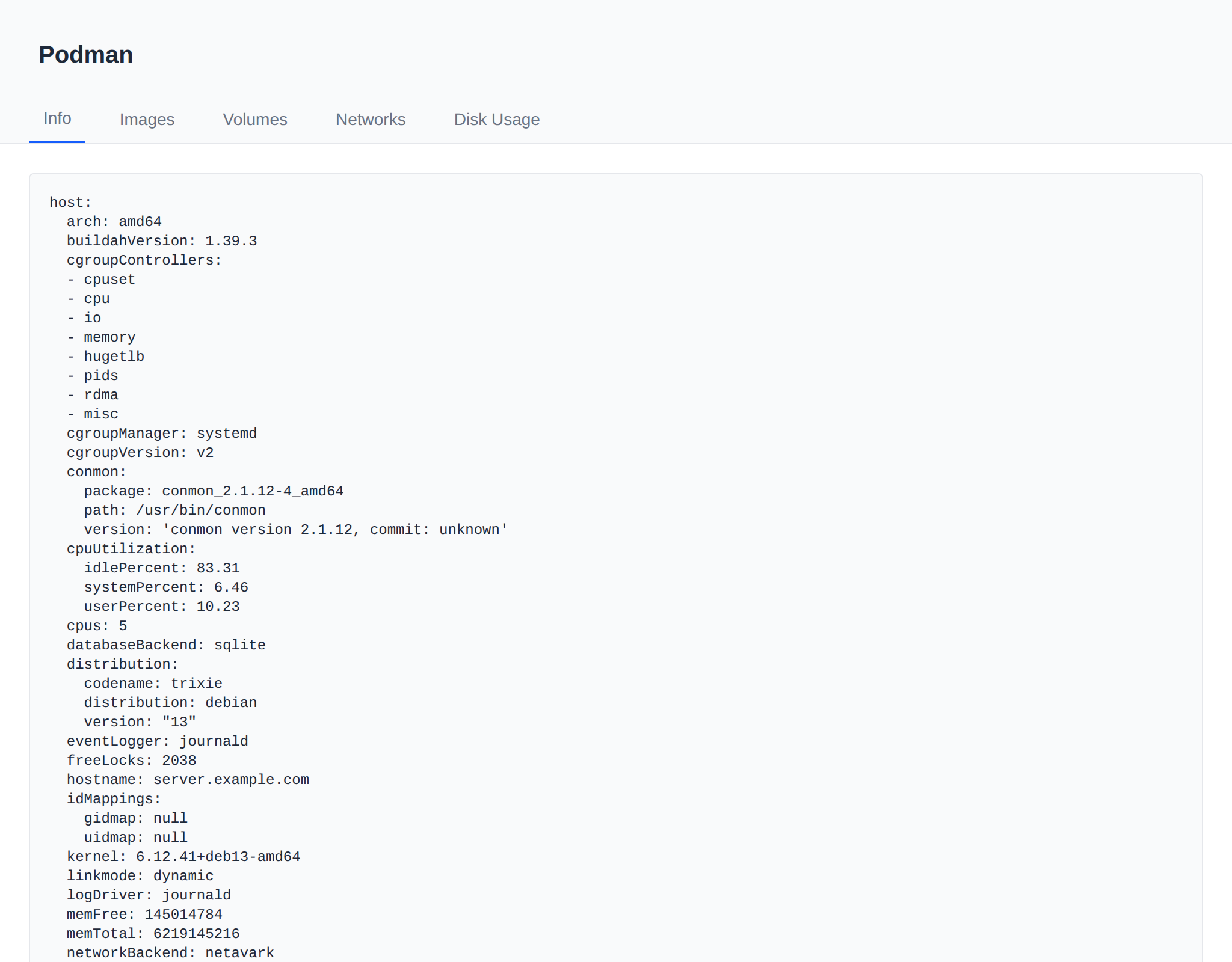 Podman page on the Info tab with the output of podman info