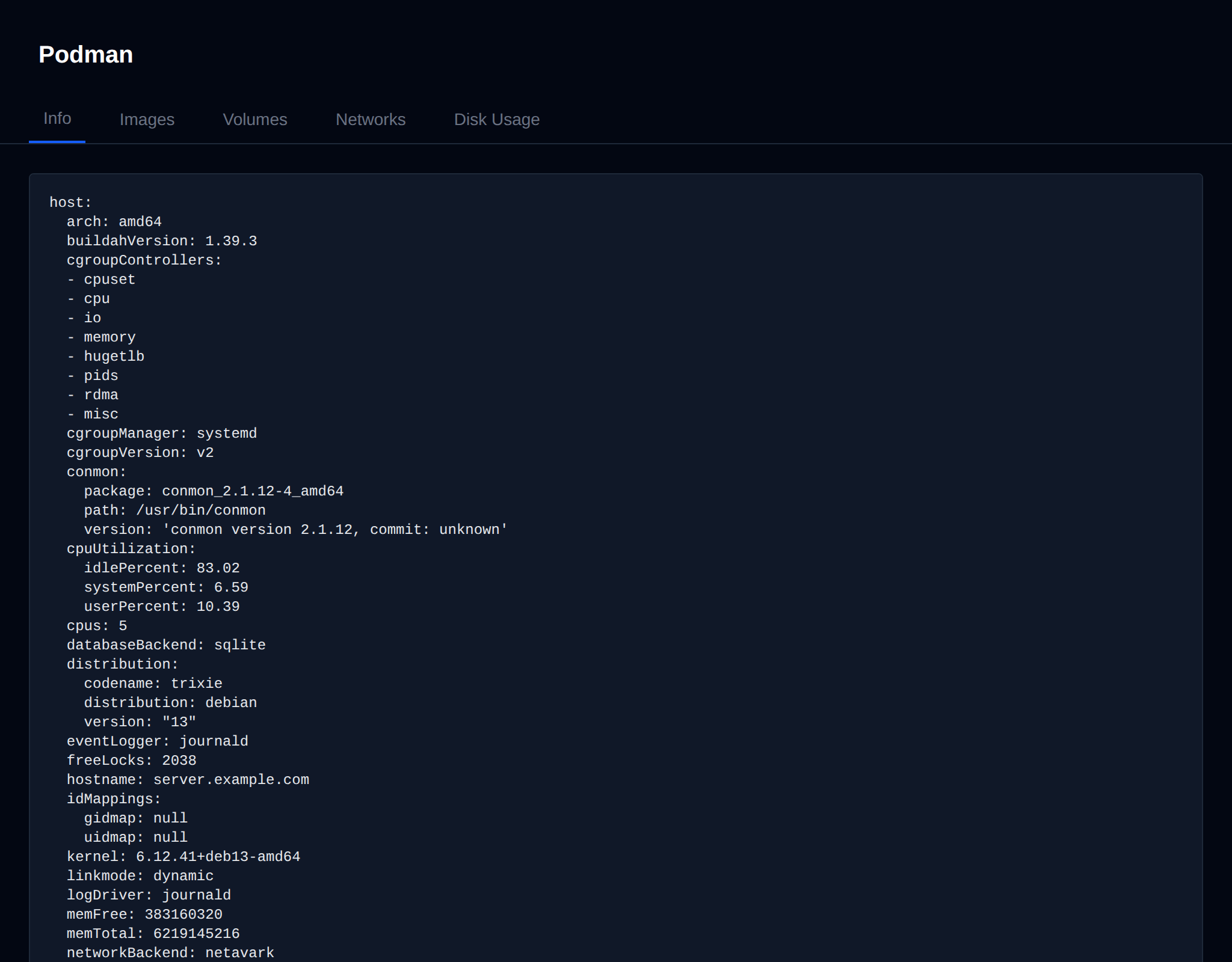 Podman page on the Info tab with the output of podman info