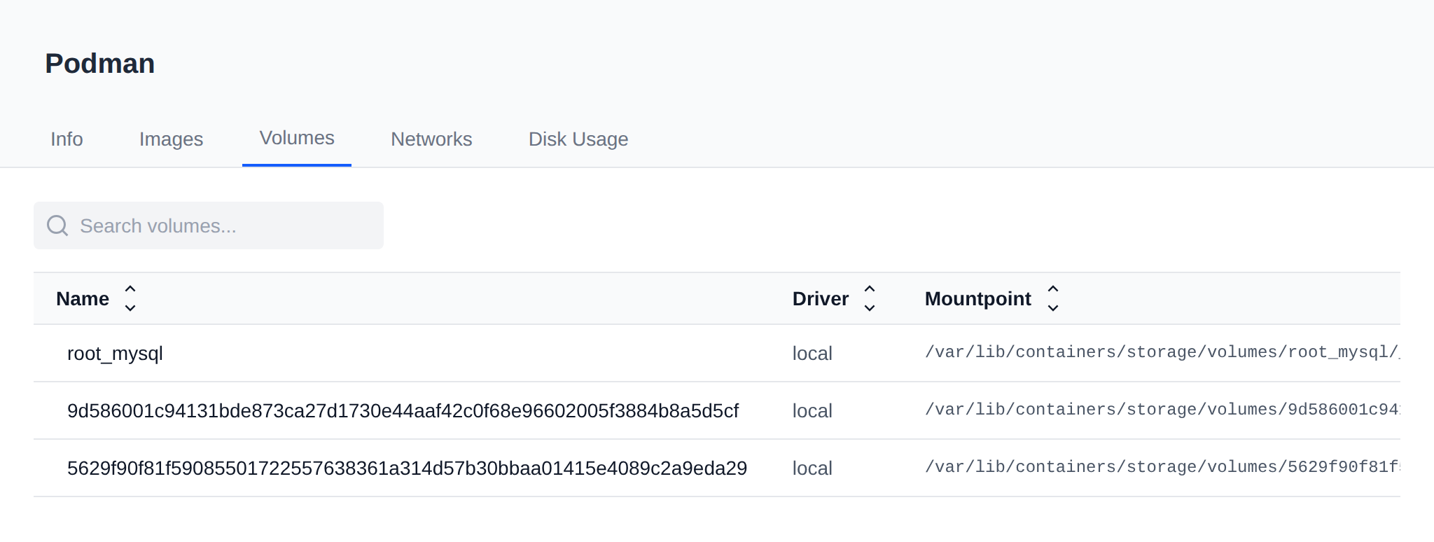 Podman Volumes tab listing volumes