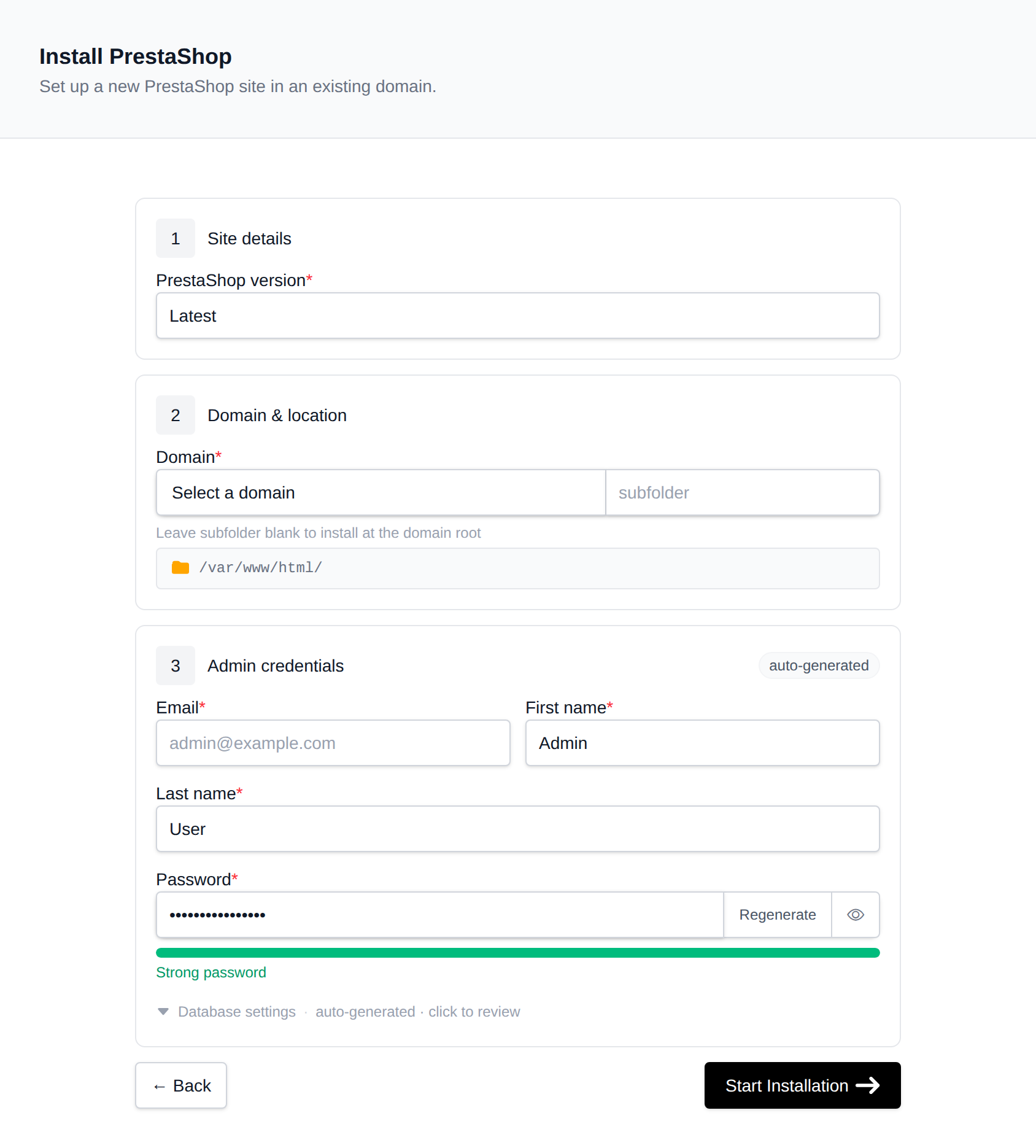 Install PrestaShop form with the site details, domain and location, and admin credentials
