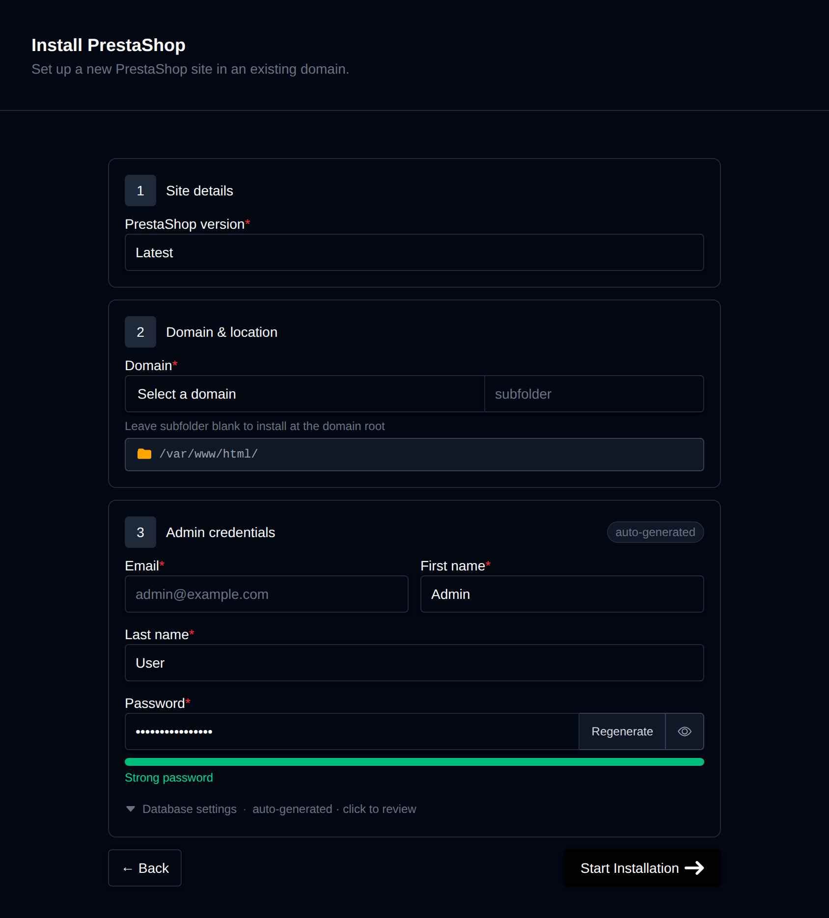 Install PrestaShop form with the site details, domain and location, and admin credentials
