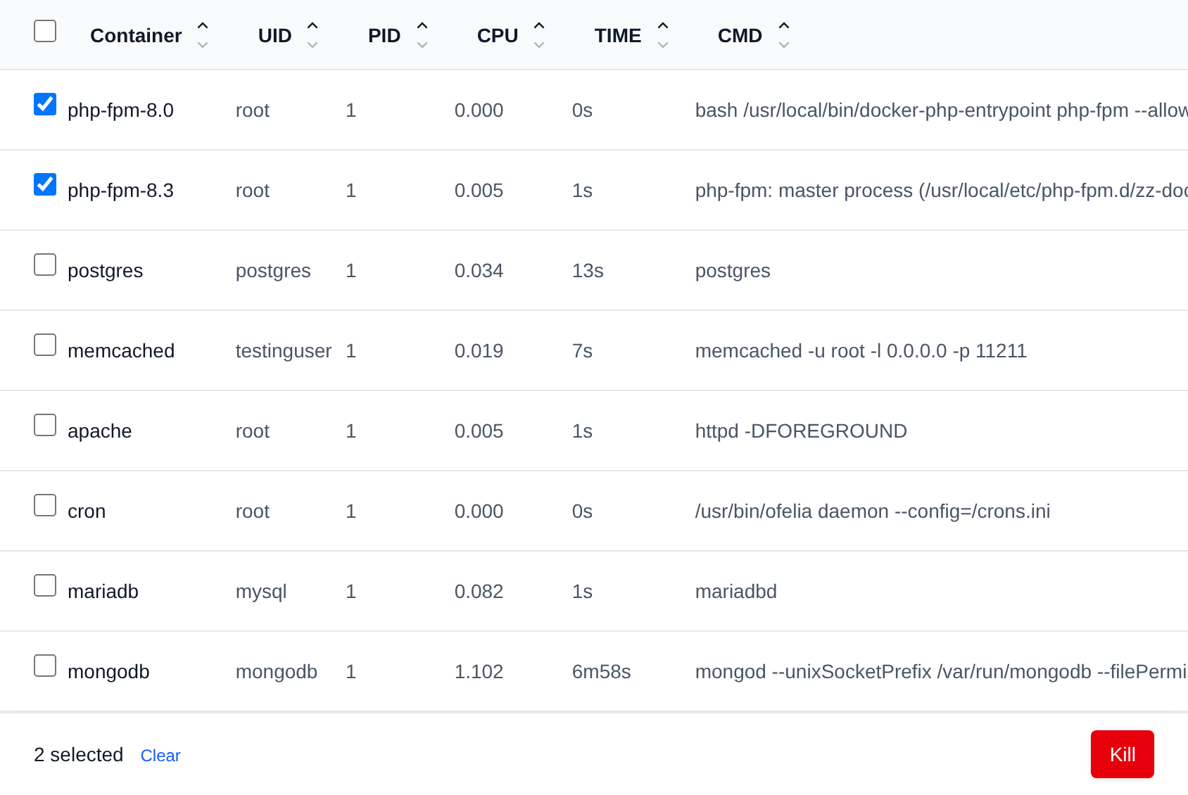 Two processes selected with the bulk actions bar offering Kill