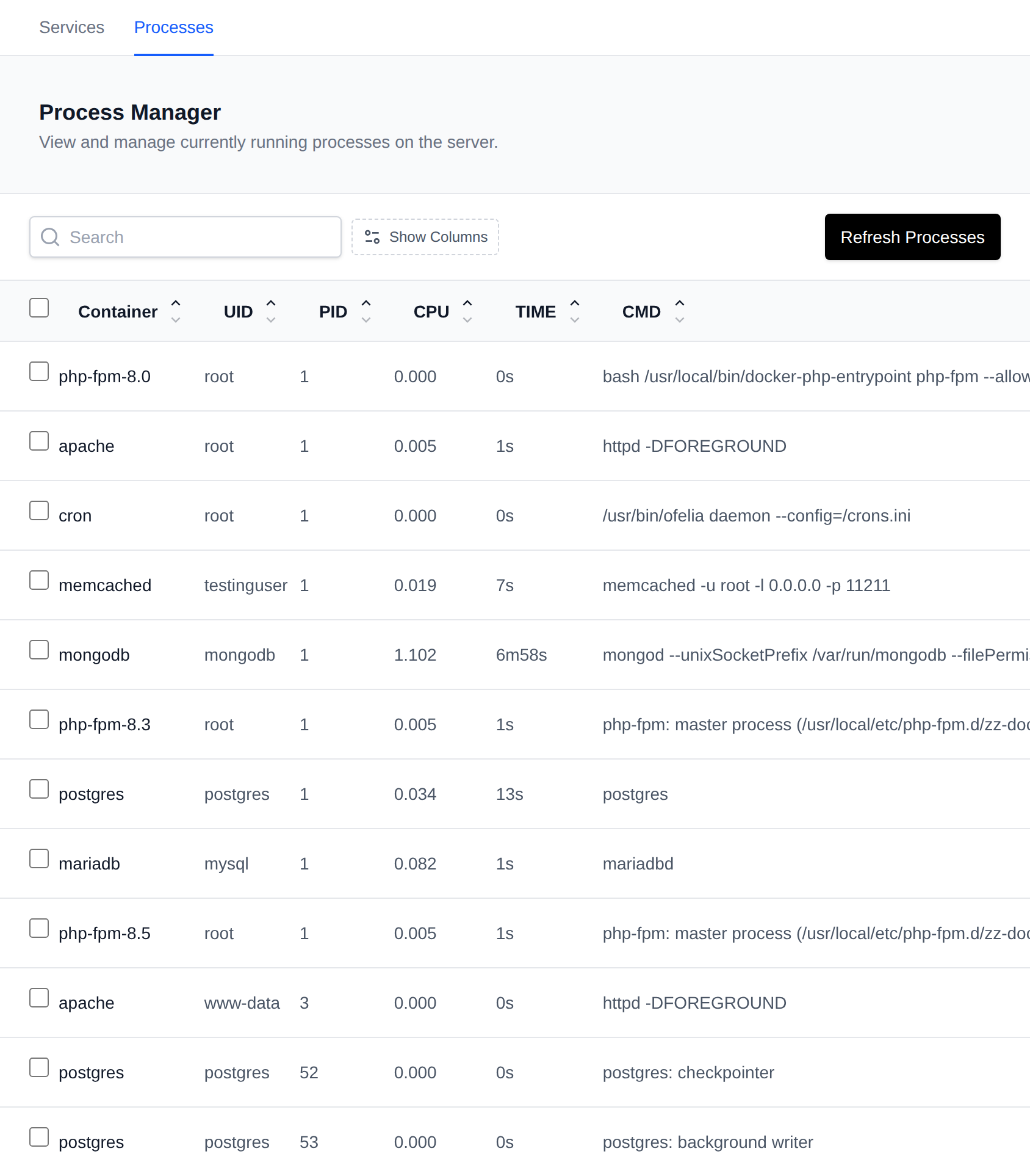 Process Manager listing processes per container with their user, PID, CPU, time and command