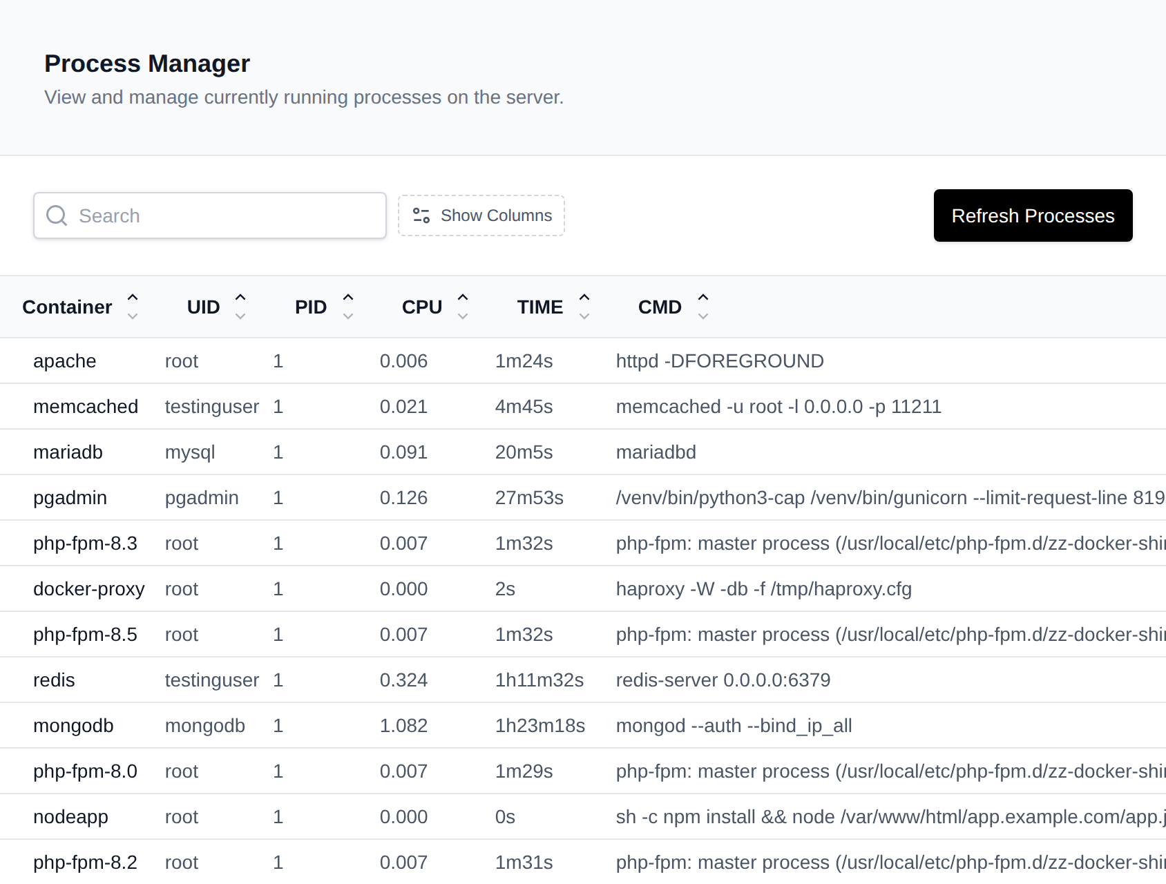 Process Manager listing processes per container with their user, PID, CPU, time and command