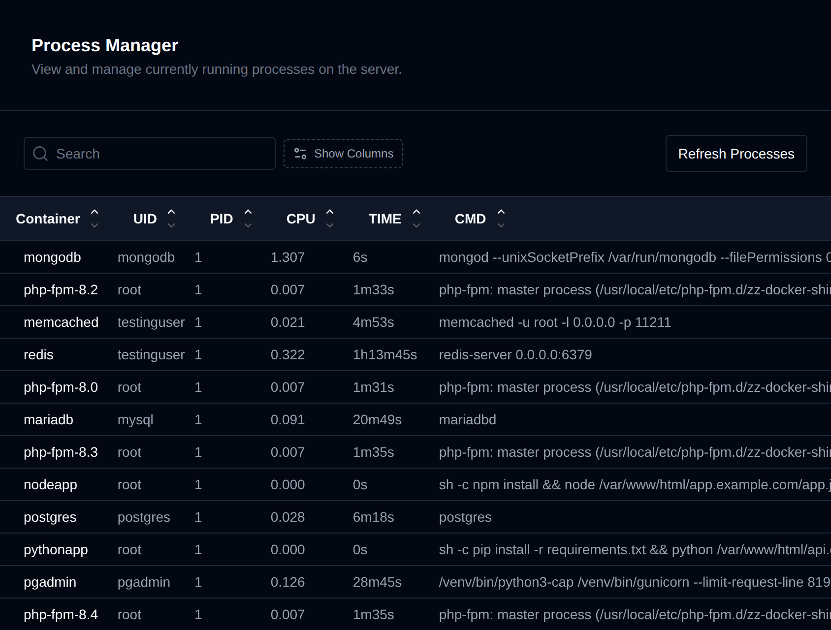 Process Manager listing processes per container with their user, PID, CPU, time and command