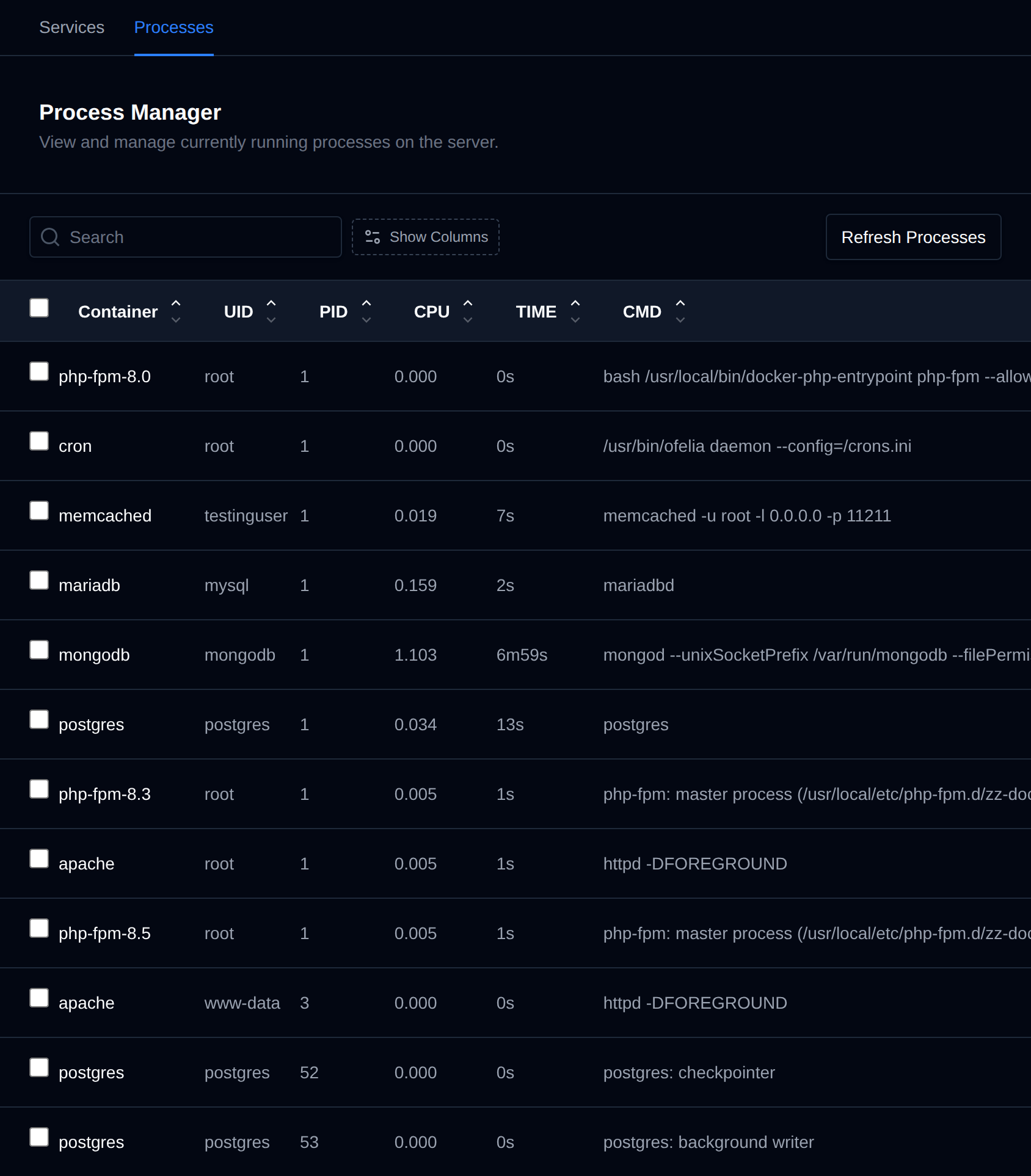 Process Manager listing processes per container with their user, PID, CPU, time and command