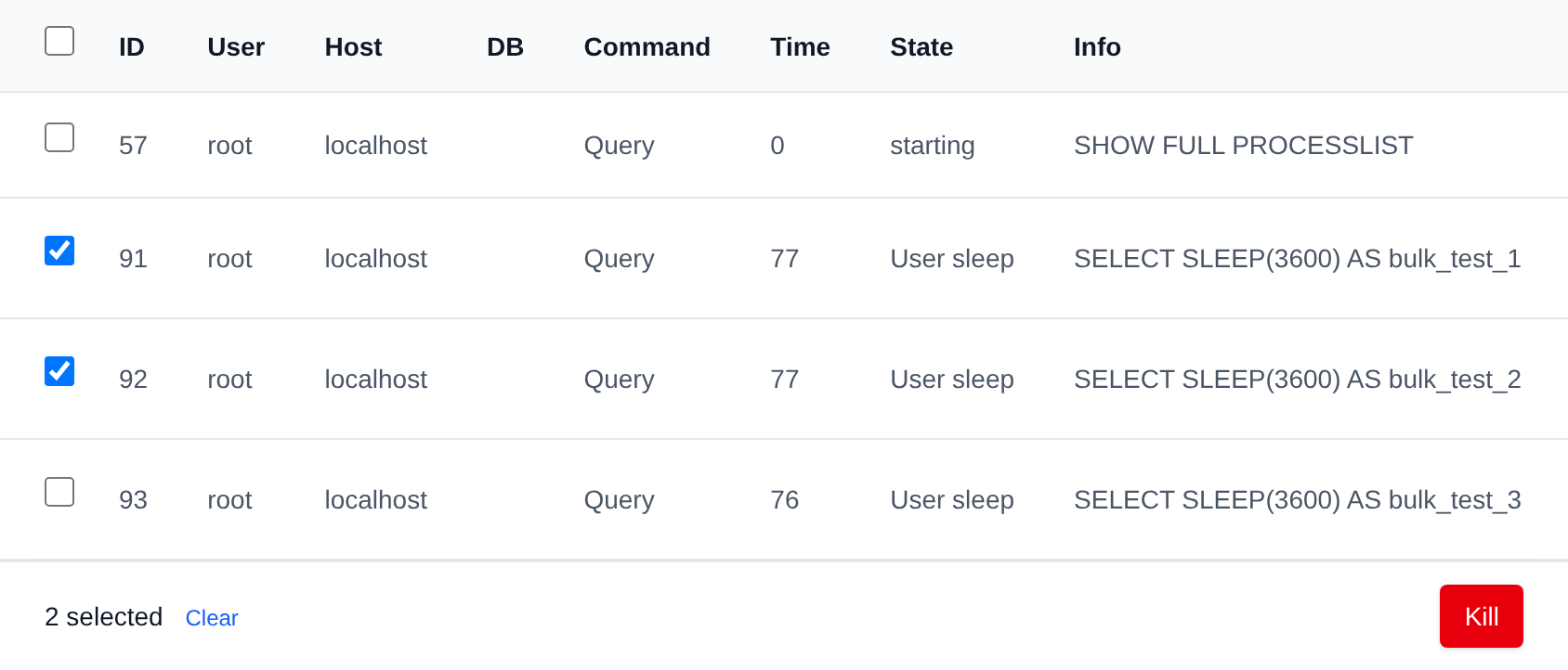 Two running queries selected with the bulk actions bar offering Kill