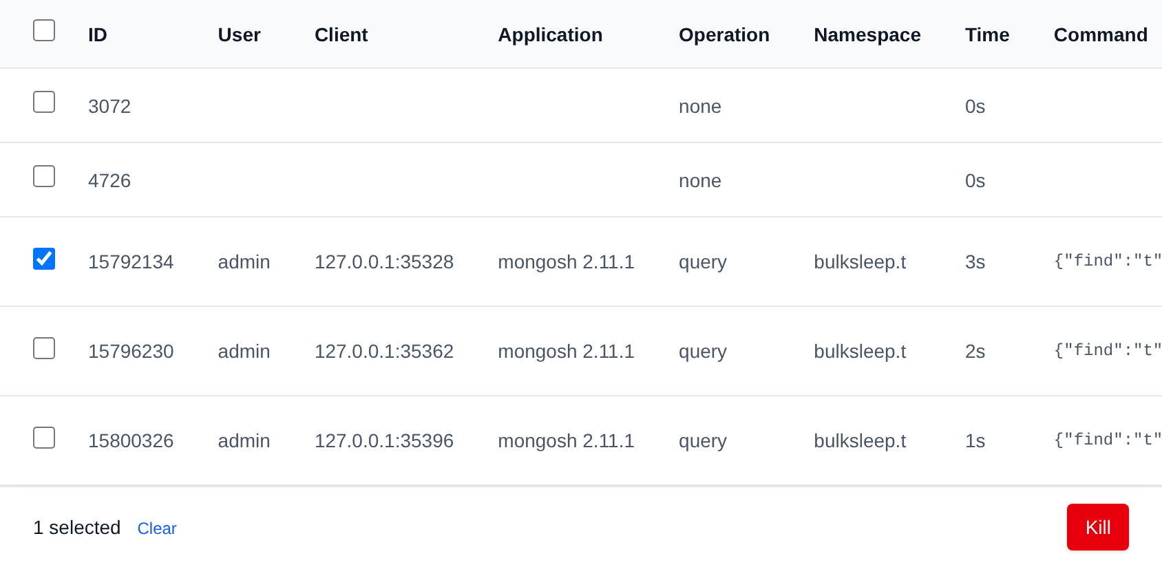 A running operation selected with the bulk actions bar offering Kill