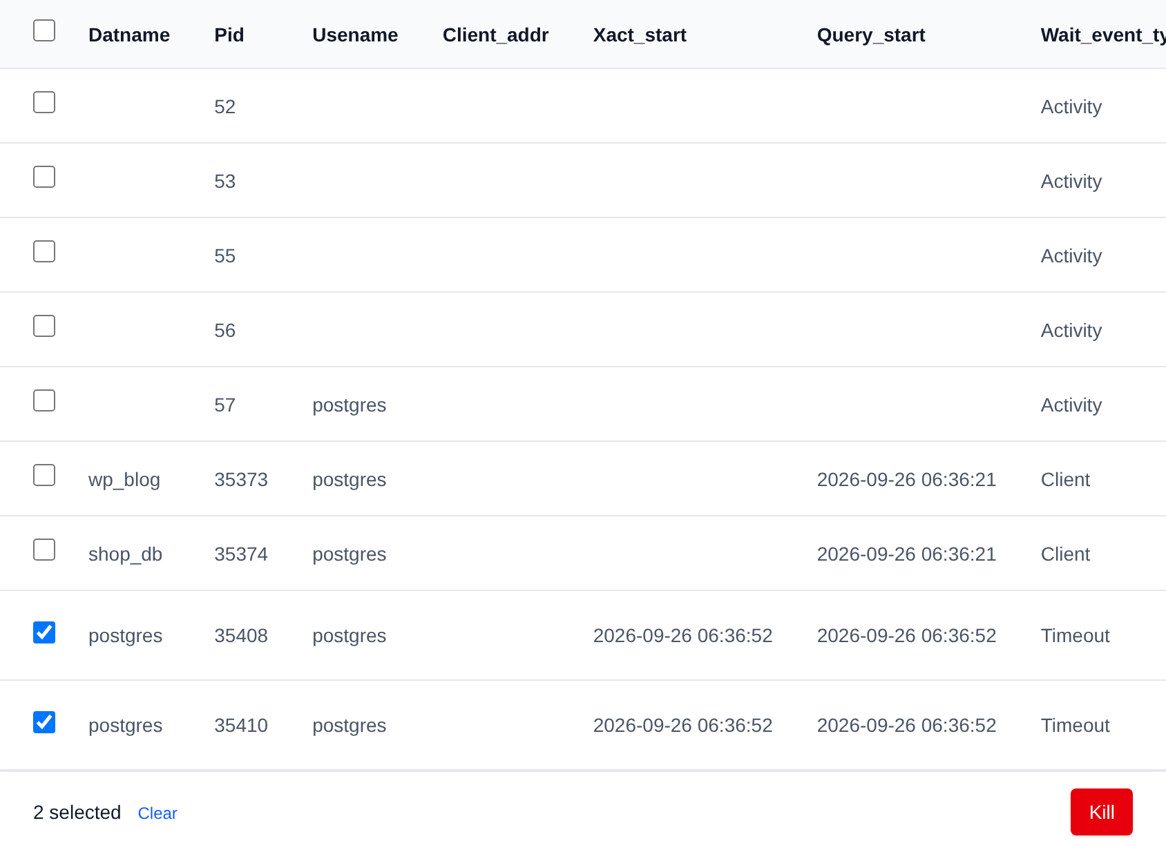 Two running queries selected with the bulk actions bar offering Kill