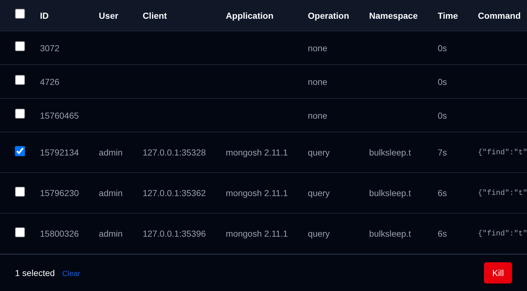 A running operation selected with the bulk actions bar offering Kill