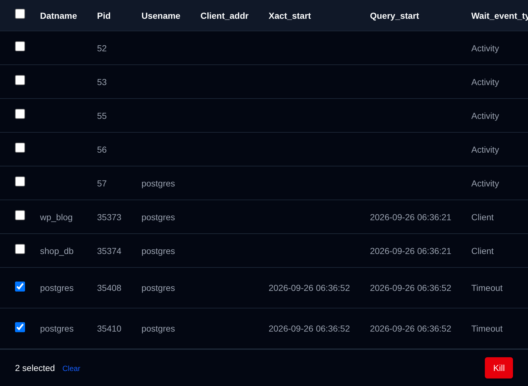 Two running queries selected with the bulk actions bar offering Kill