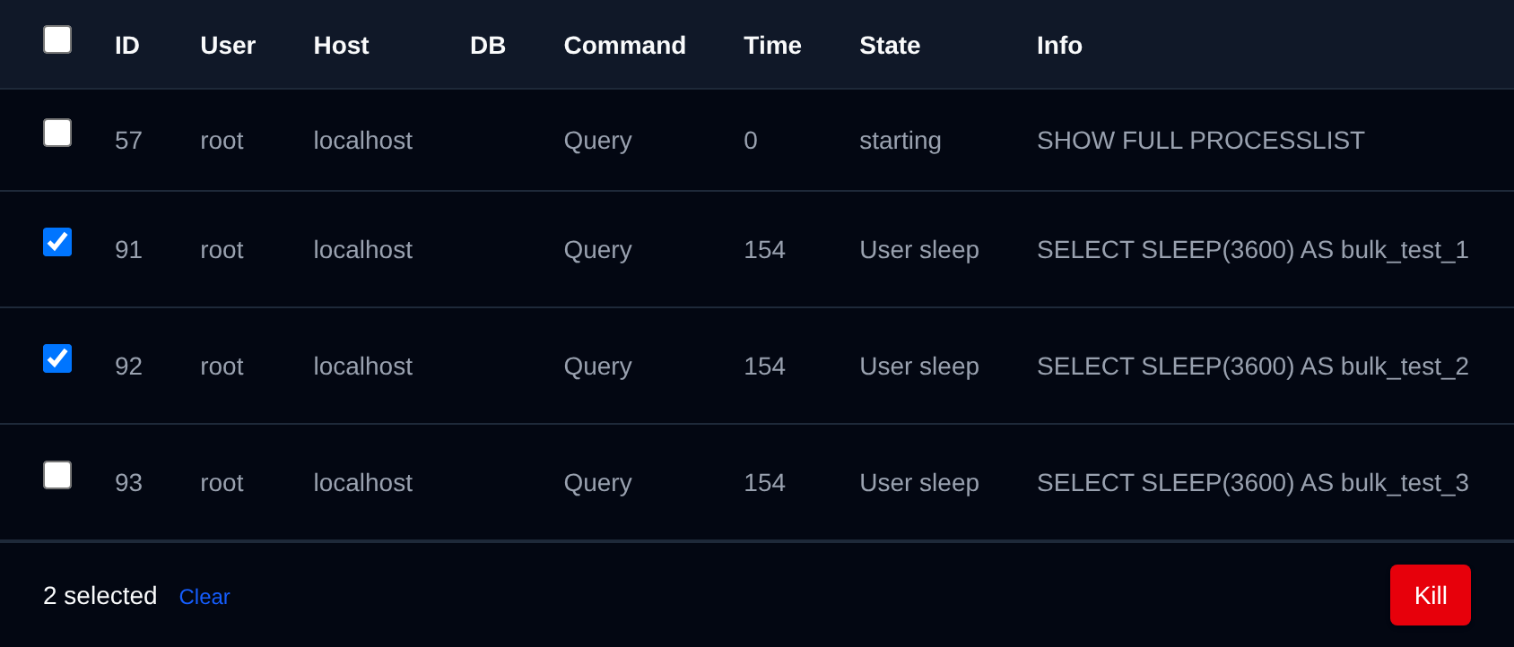 Two running queries selected with the bulk actions bar offering Kill