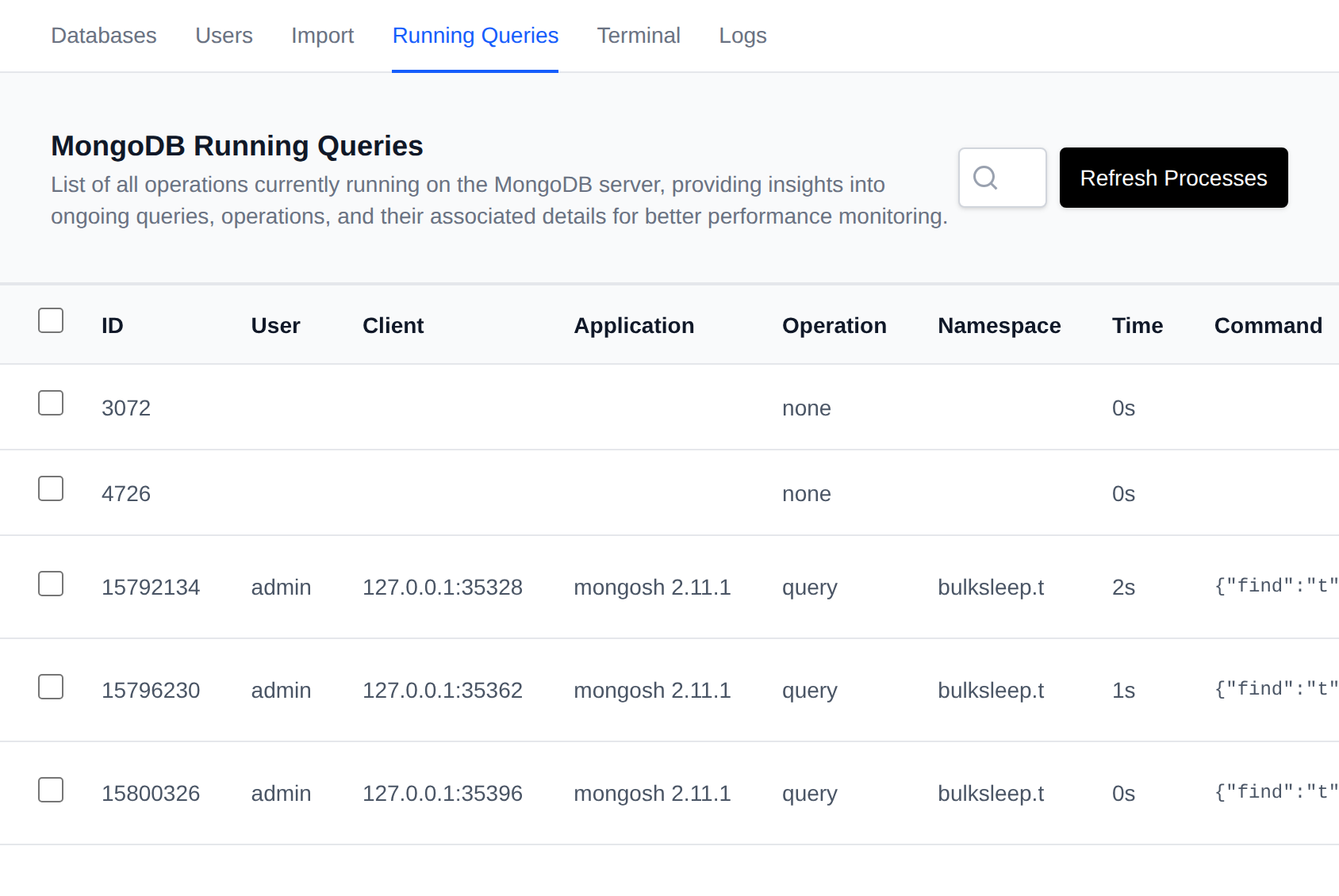 MongoDB Running Queries table listing the current operations with their user, namespace, running time and a Kill button