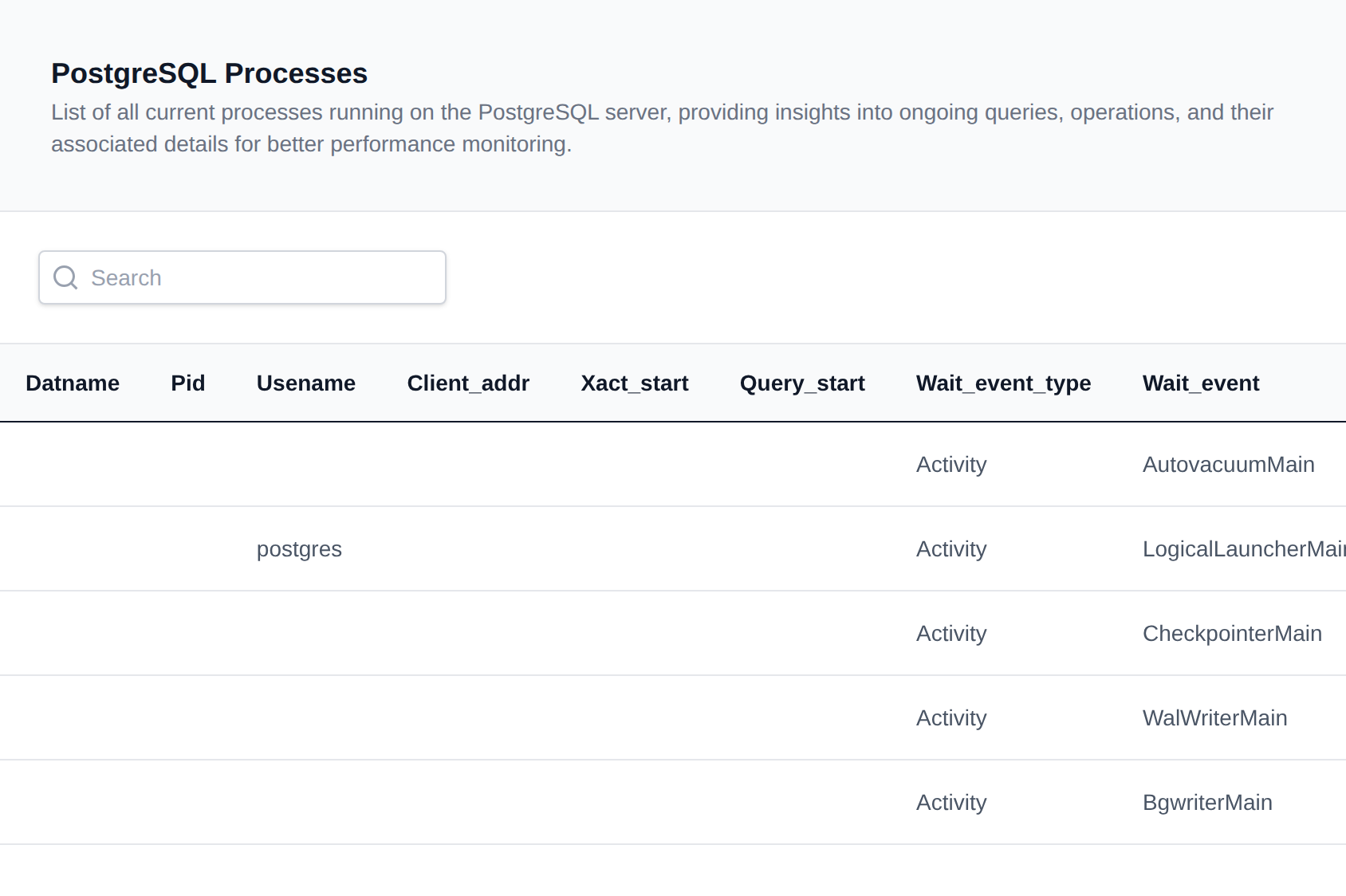 PostgreSQL Processes table listing the active backend processes