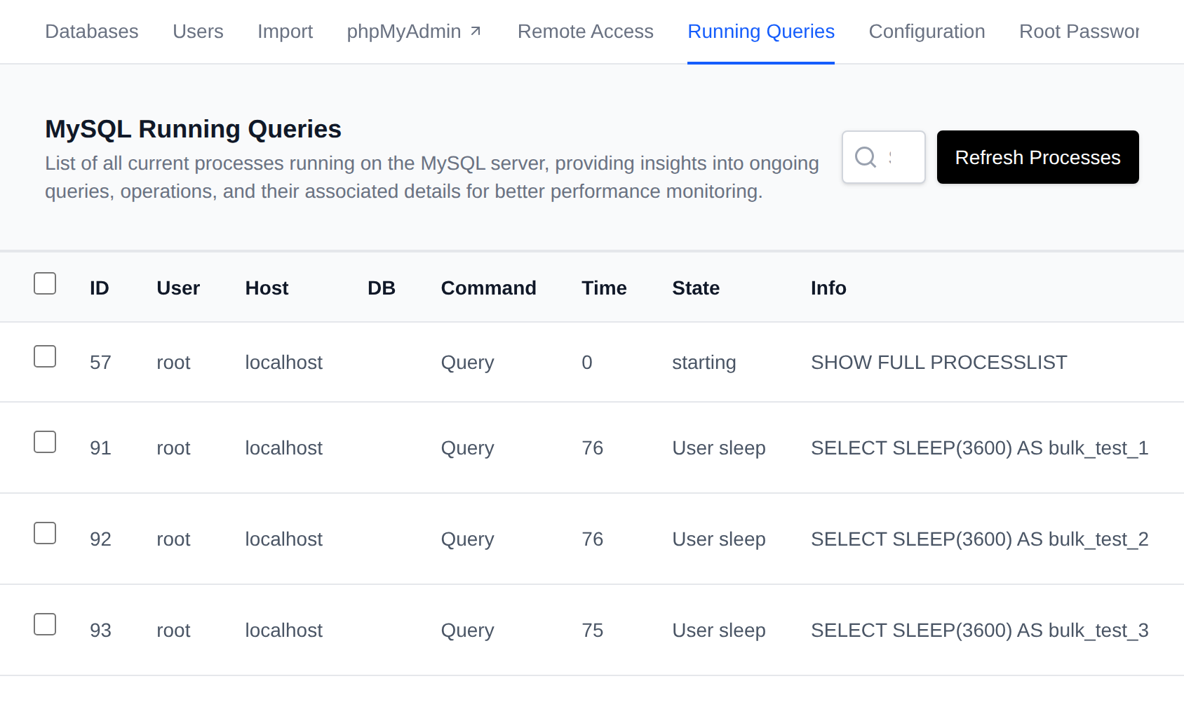 MySQL Processes table with the Refresh Processes button and the currently running queries