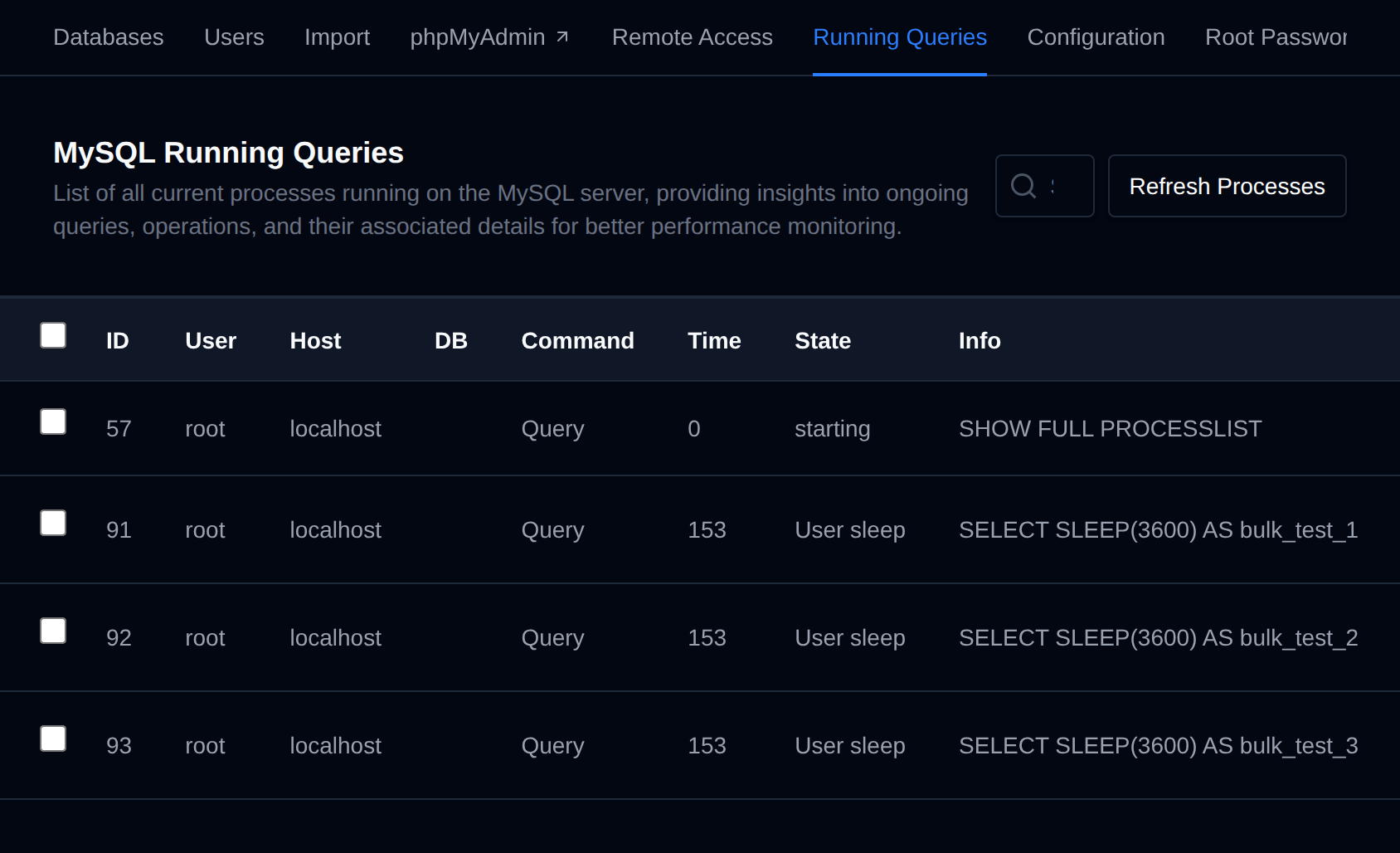 MySQL Processes table with the Refresh Processes button and the currently running queries