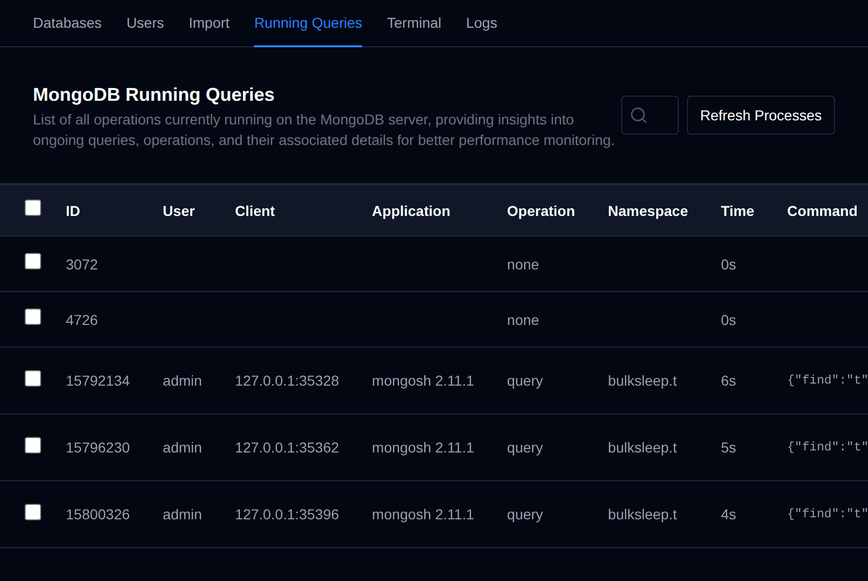 MongoDB Running Queries table listing the current operations with their user, namespace, running time and a Kill button