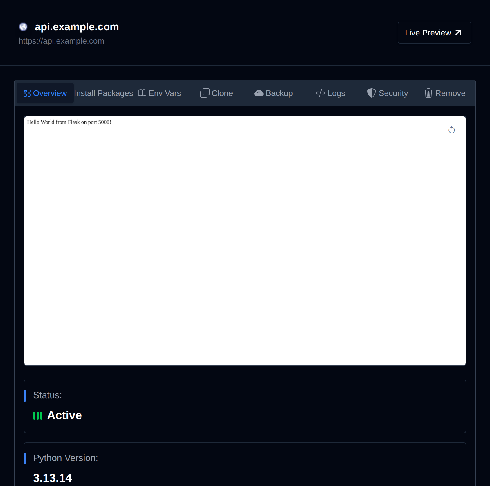 Python application page with its status, runtime version, CPU and memory limits, and Stop and Restart actions