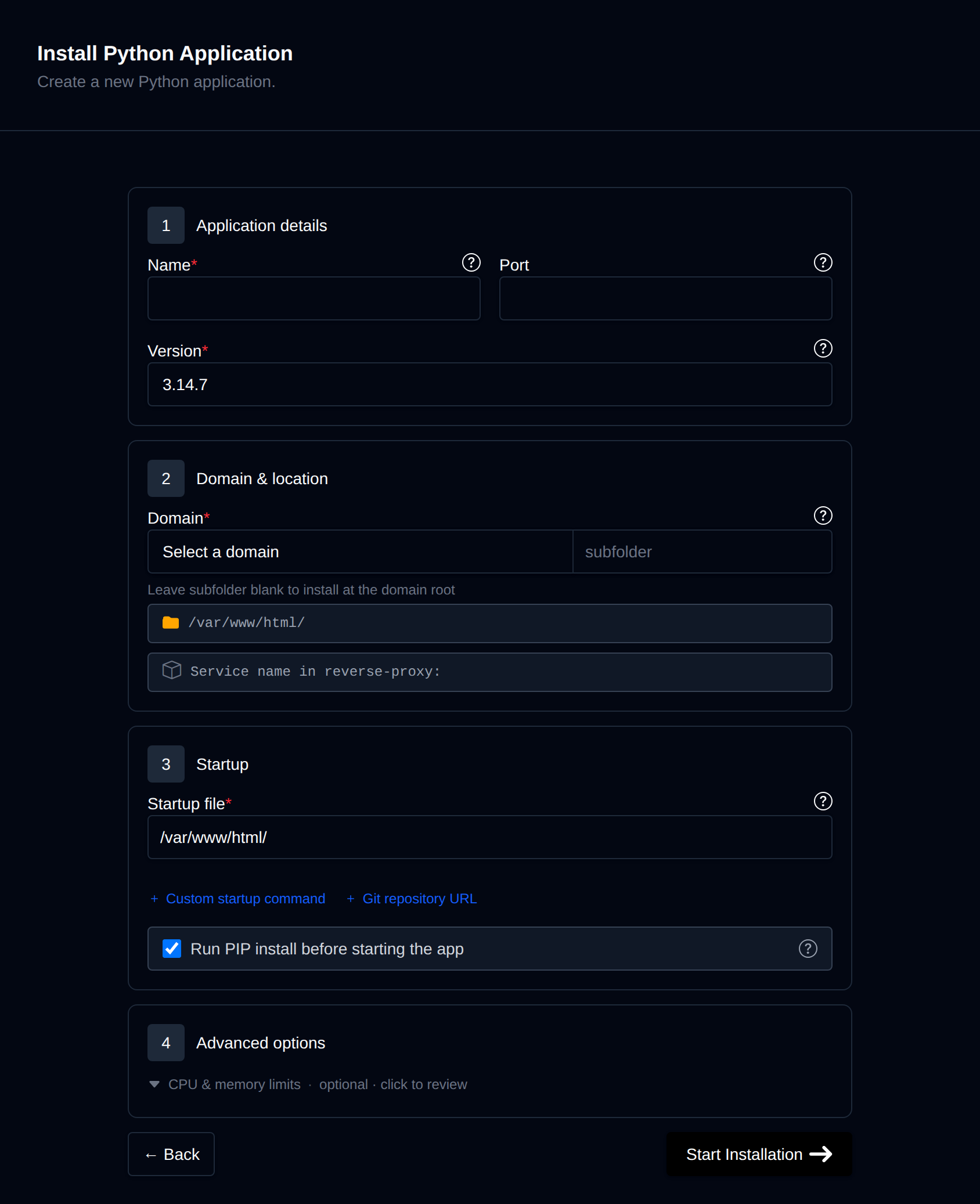 Install Python Application form with the application details, domain, startup file and advanced options