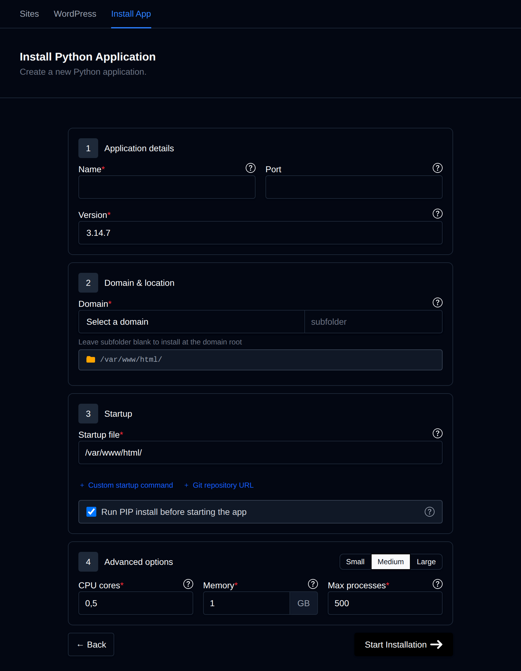 Install Python Application form with the application details, domain, startup file and the Small, Medium and Large resource presets