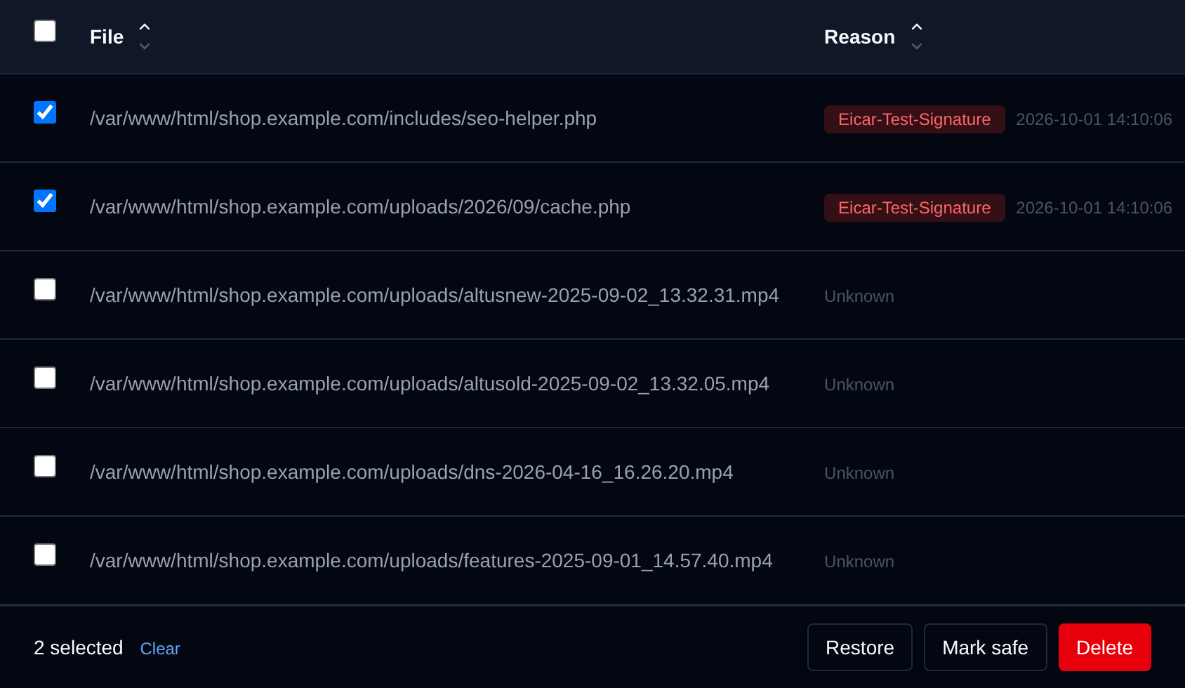 Two quarantined files selected with the bulk actions bar offering Restore, Mark safe and Delete