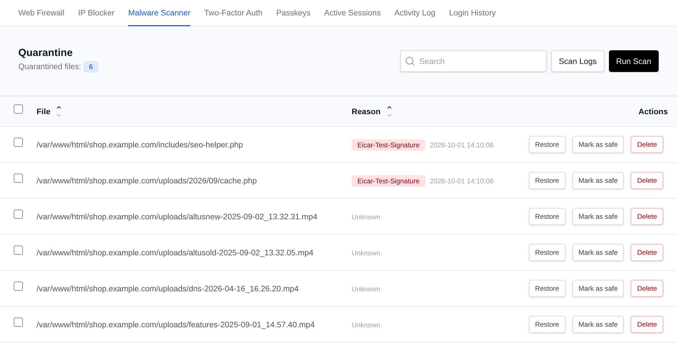 Quarantine page listing files that ClamAV flagged as malicious