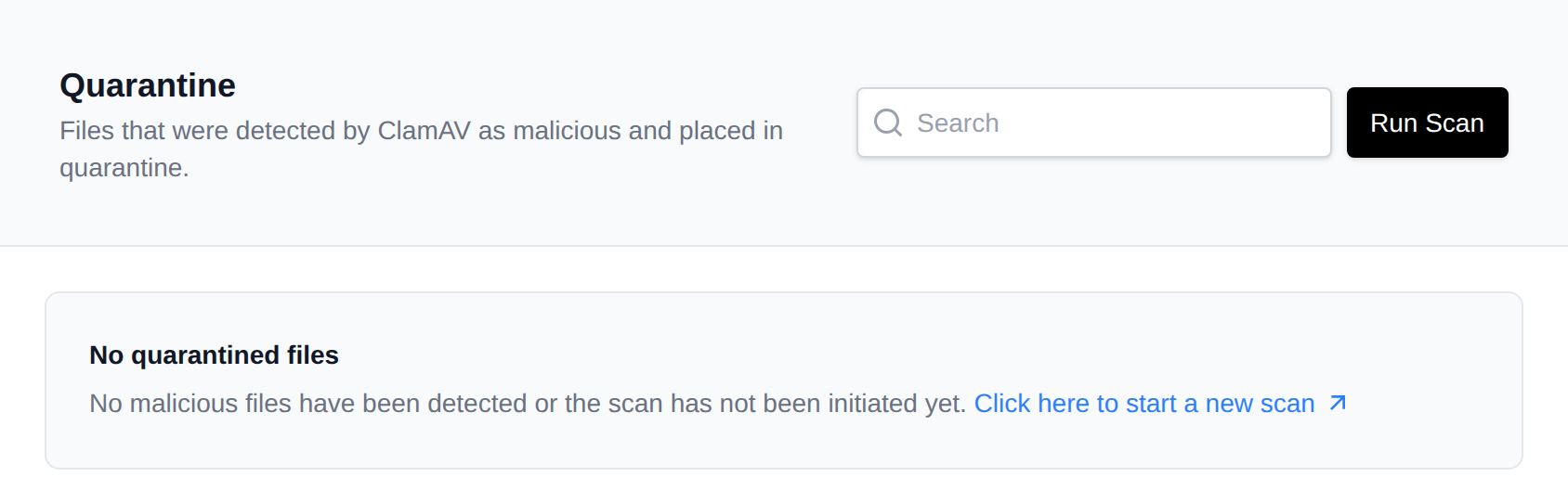 Quarantine page listing files that ClamAV flagged as malicious