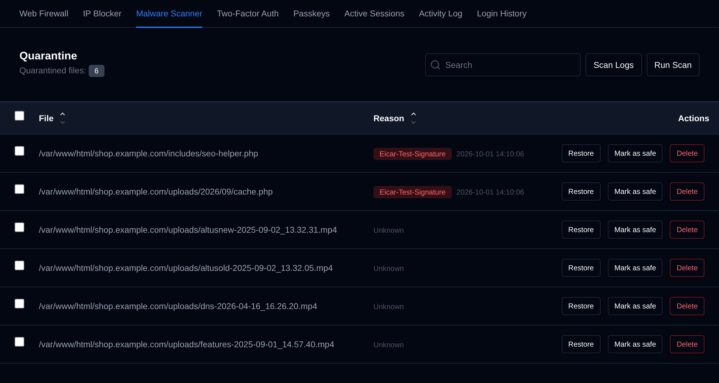 Quarantine page listing files that ClamAV flagged as malicious