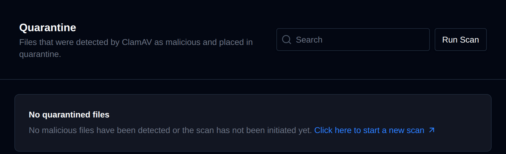 Quarantine page listing files that ClamAV flagged as malicious