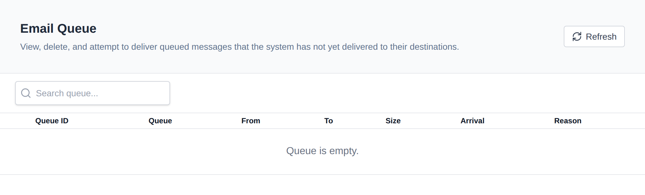 Email Queue page with the queued messages table and the Refresh button