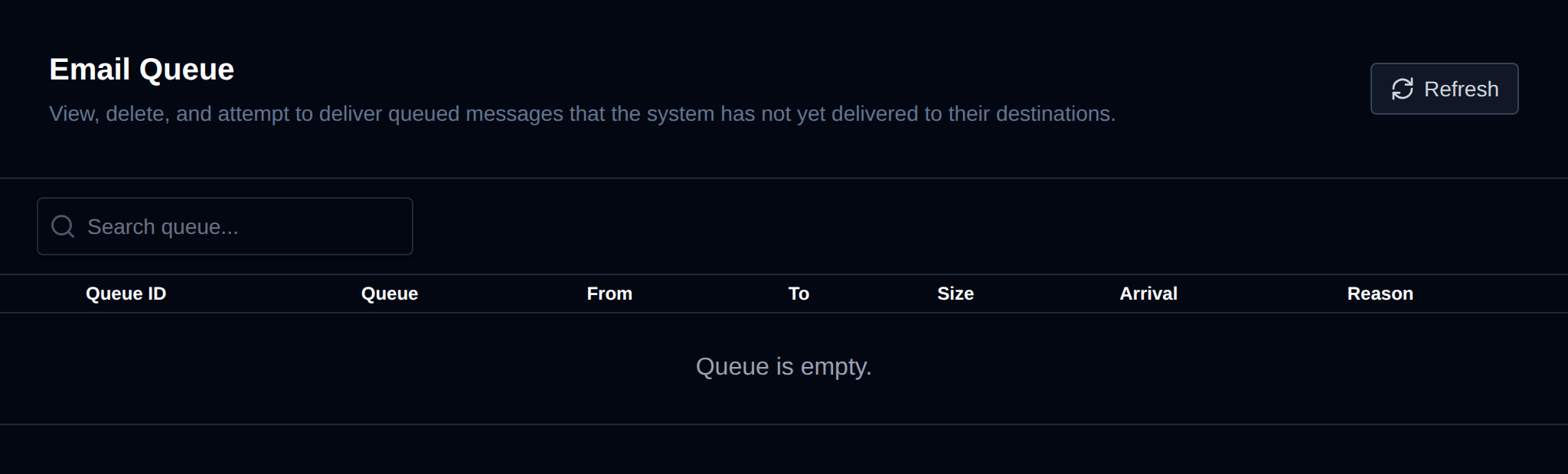 Email Queue page with the queued messages table and the Refresh button