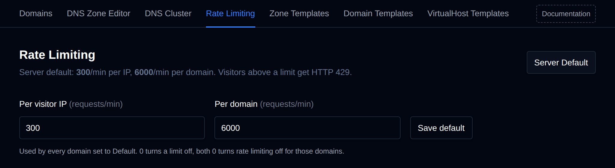 Server Default form open with the requests per minute per visitor IP and per domain and the Save default button