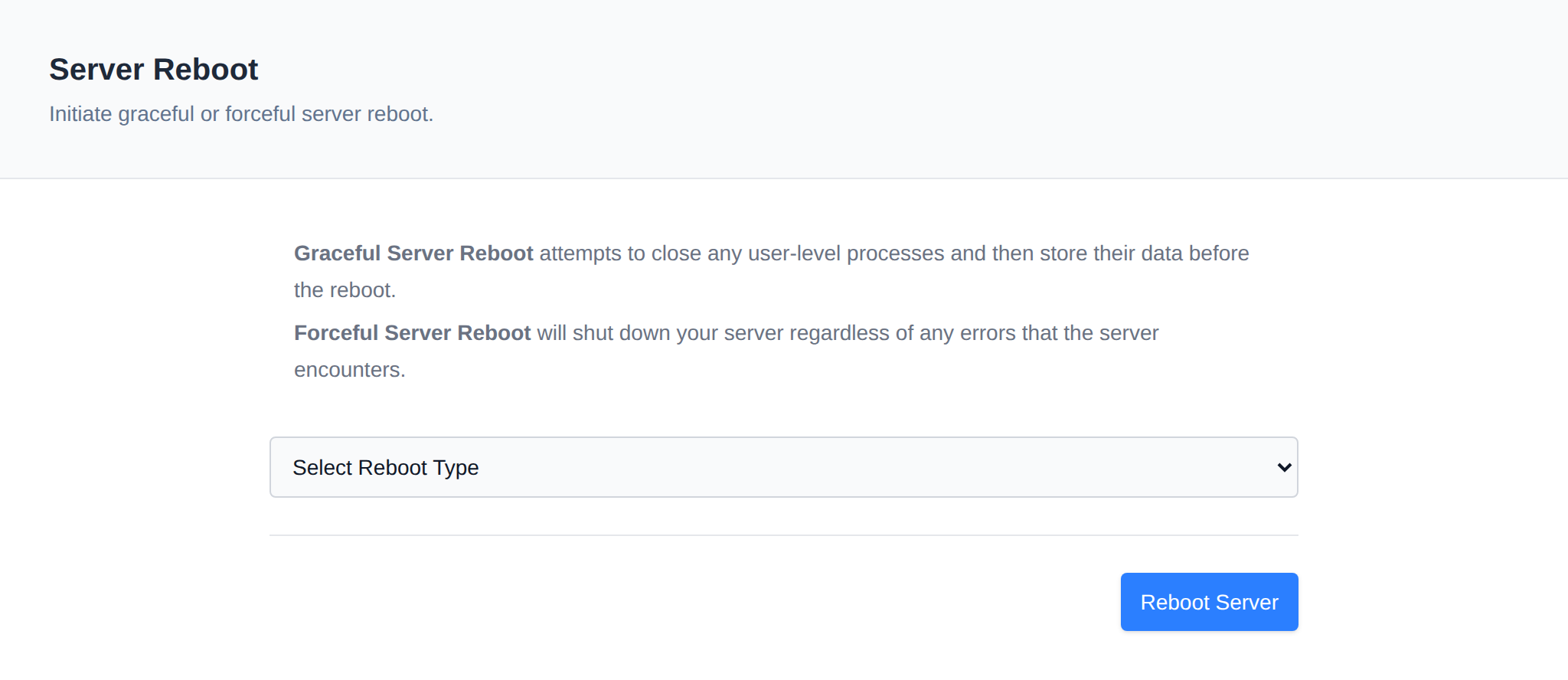 Server Reboot page explaining graceful and forceful reboots, with the reboot type dropdown and the Reboot Server button