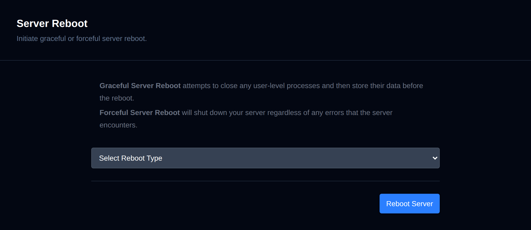 Server Reboot page explaining graceful and forceful reboots, with the reboot type dropdown and the Reboot Server button